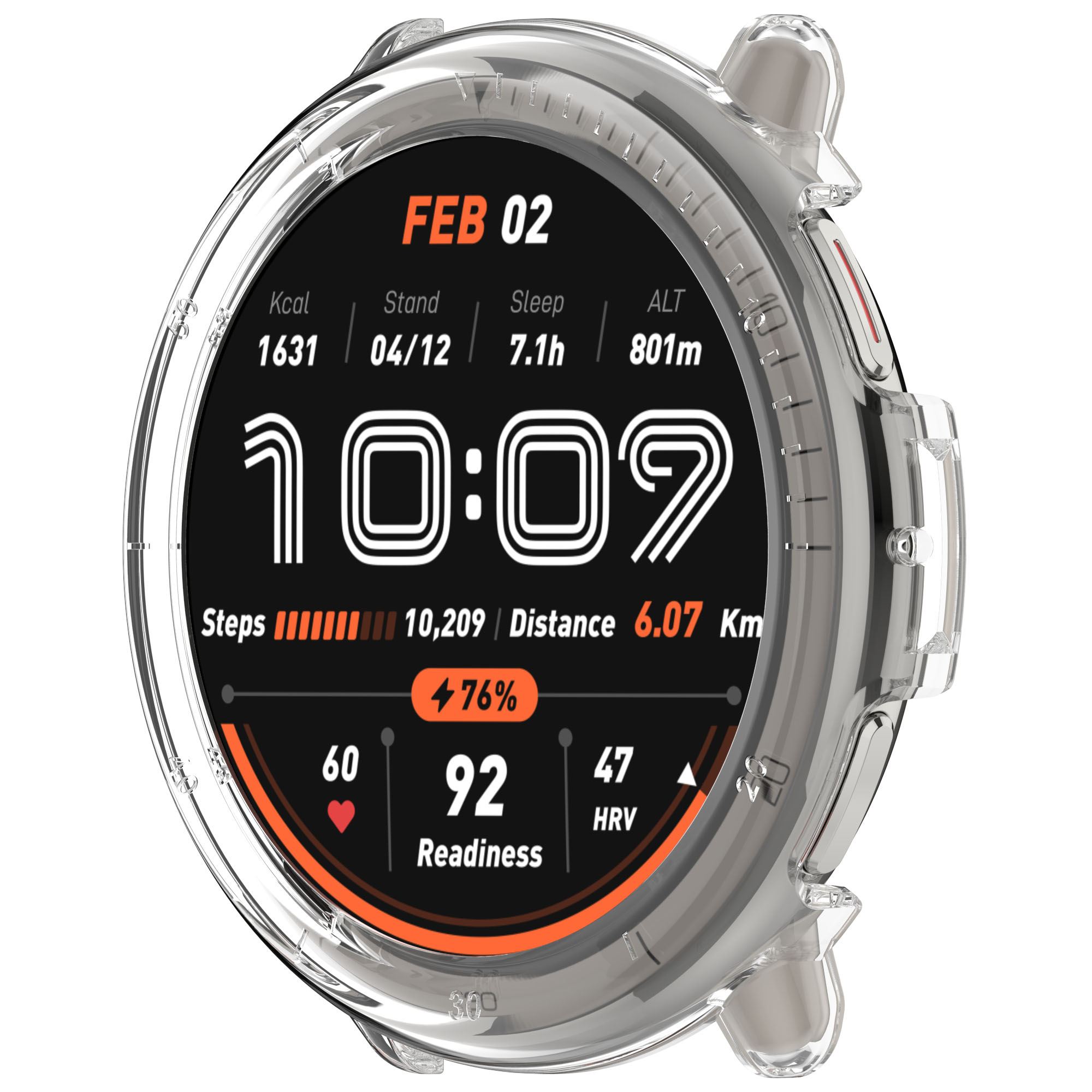 Smartwatch con custodia trasparente, mostra l'ora e i parametri sanitari. Sfondo nero.