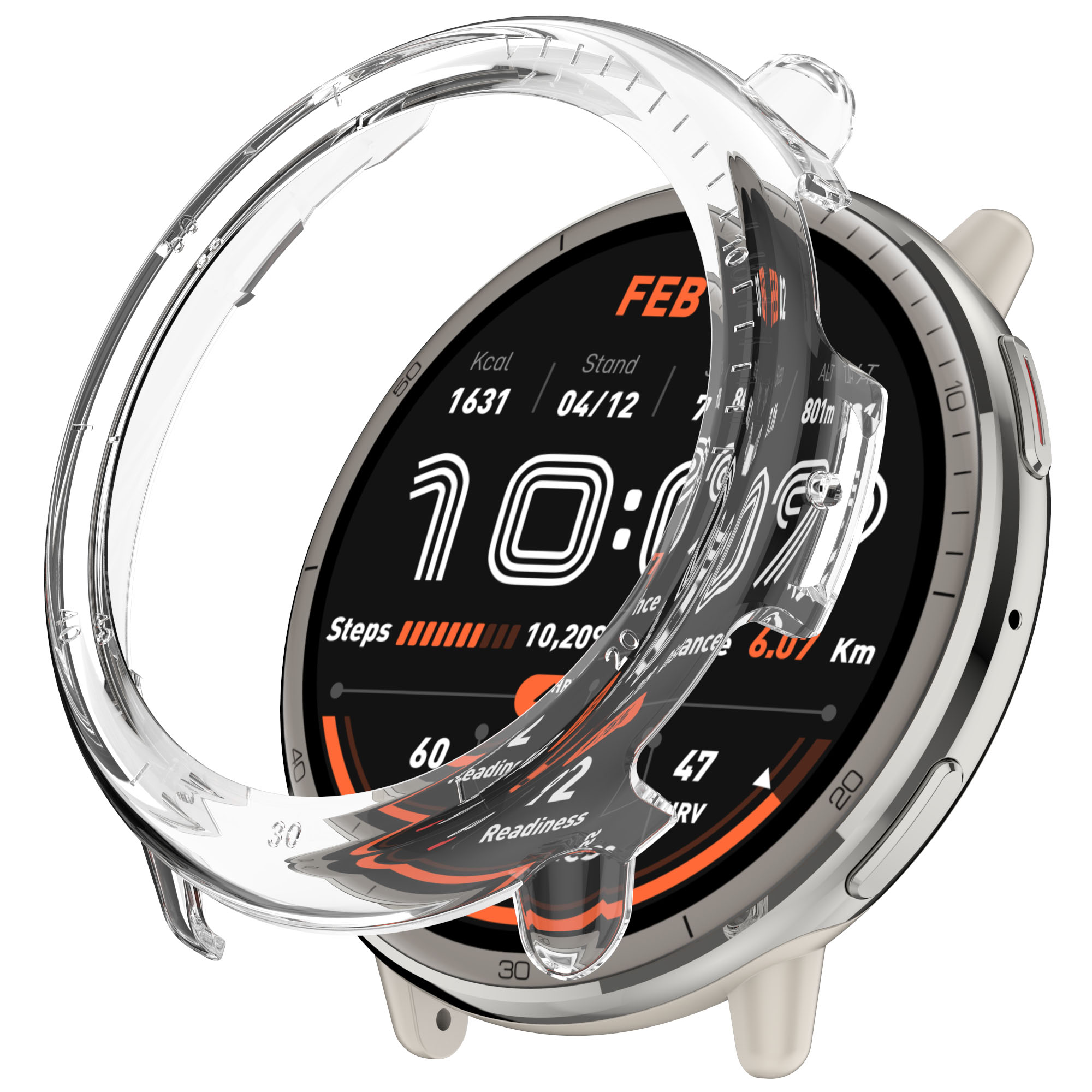 Uno smartwatch con custodia protettiva trasparente. Mostra l'ora e i parametri sanitari.