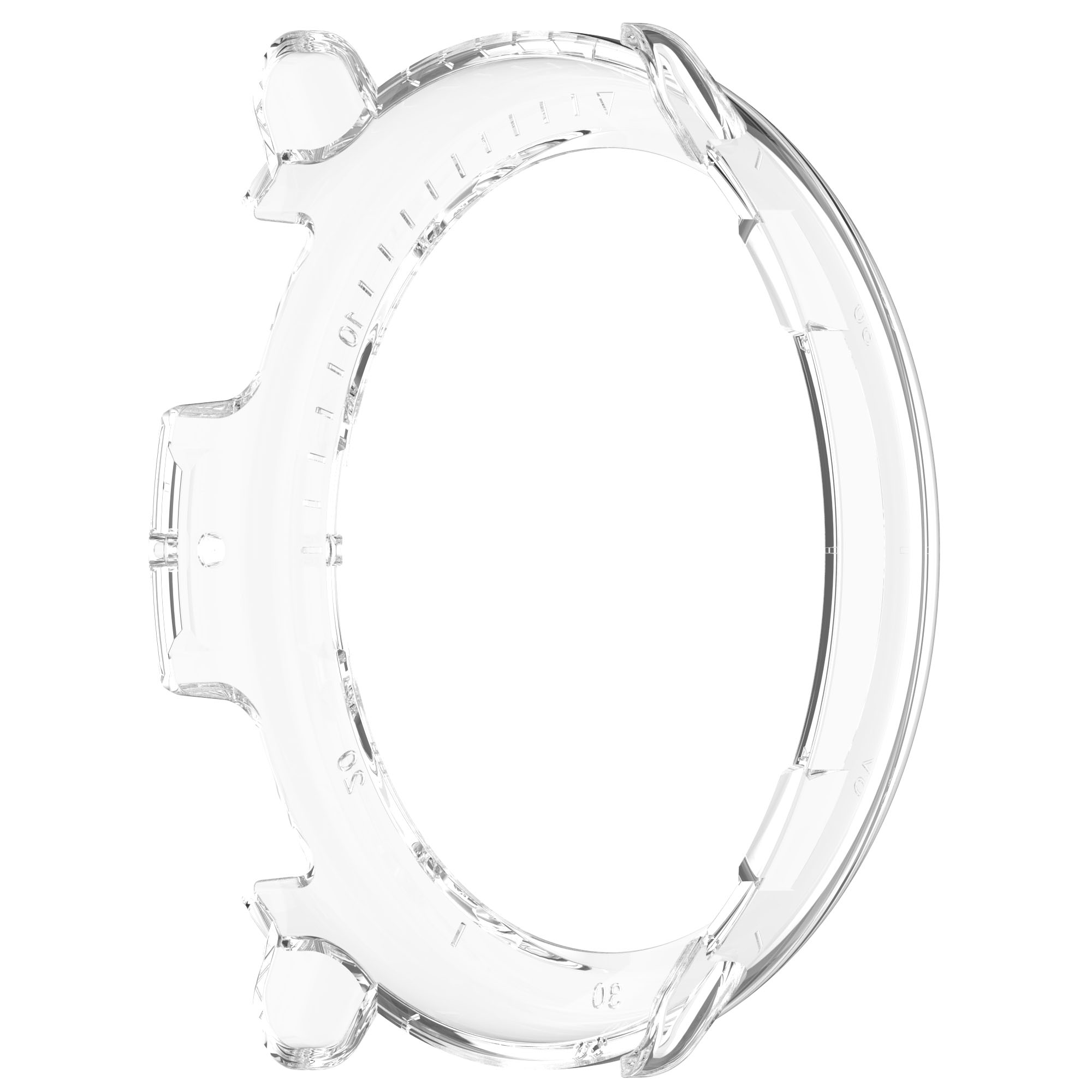 Custodia trasparente per orologio su sfondo bianco. Forma circolare con design protettivo.
