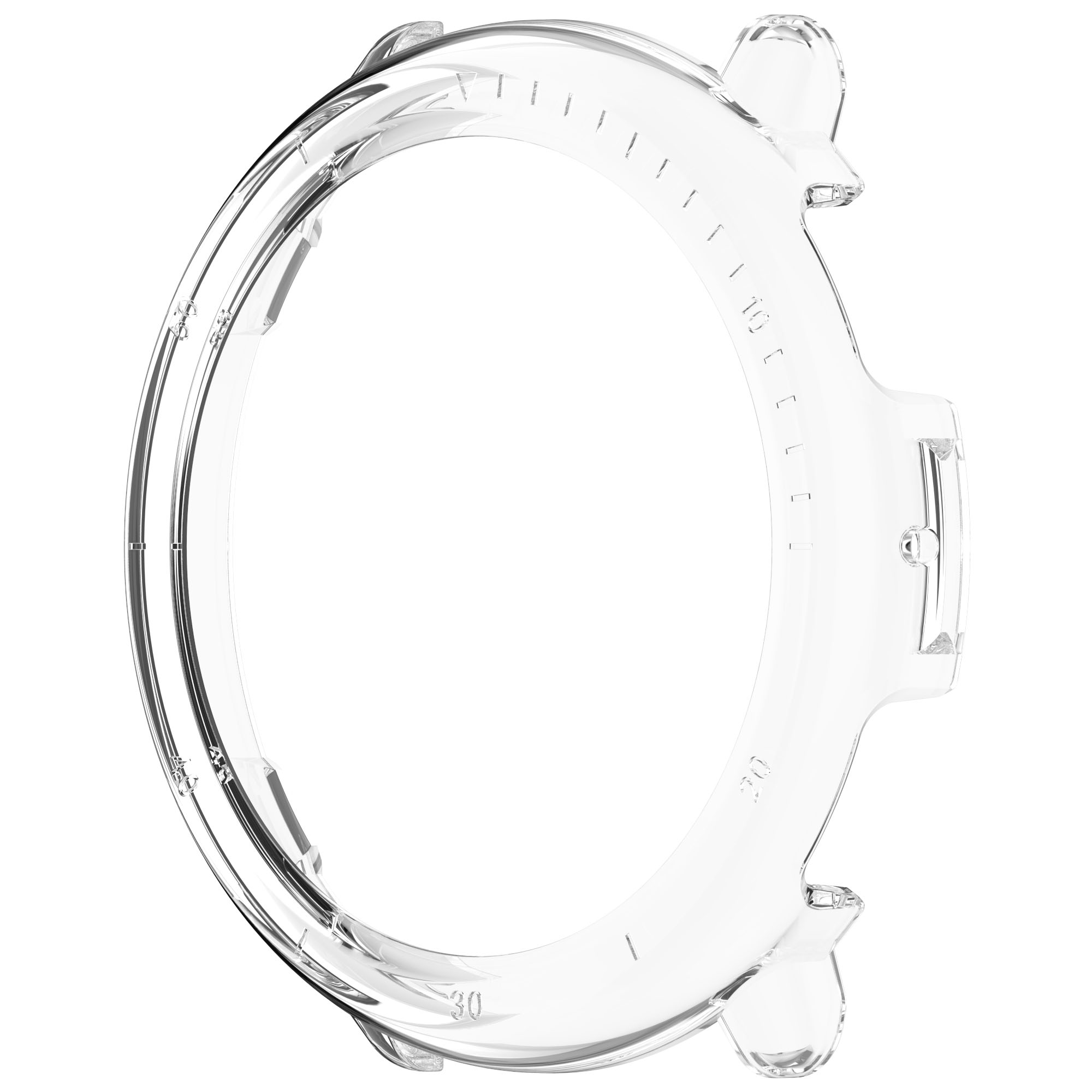 Ghiera dell'orologio trasparente, forma rotonda con indicatori. Sfondo bianco.