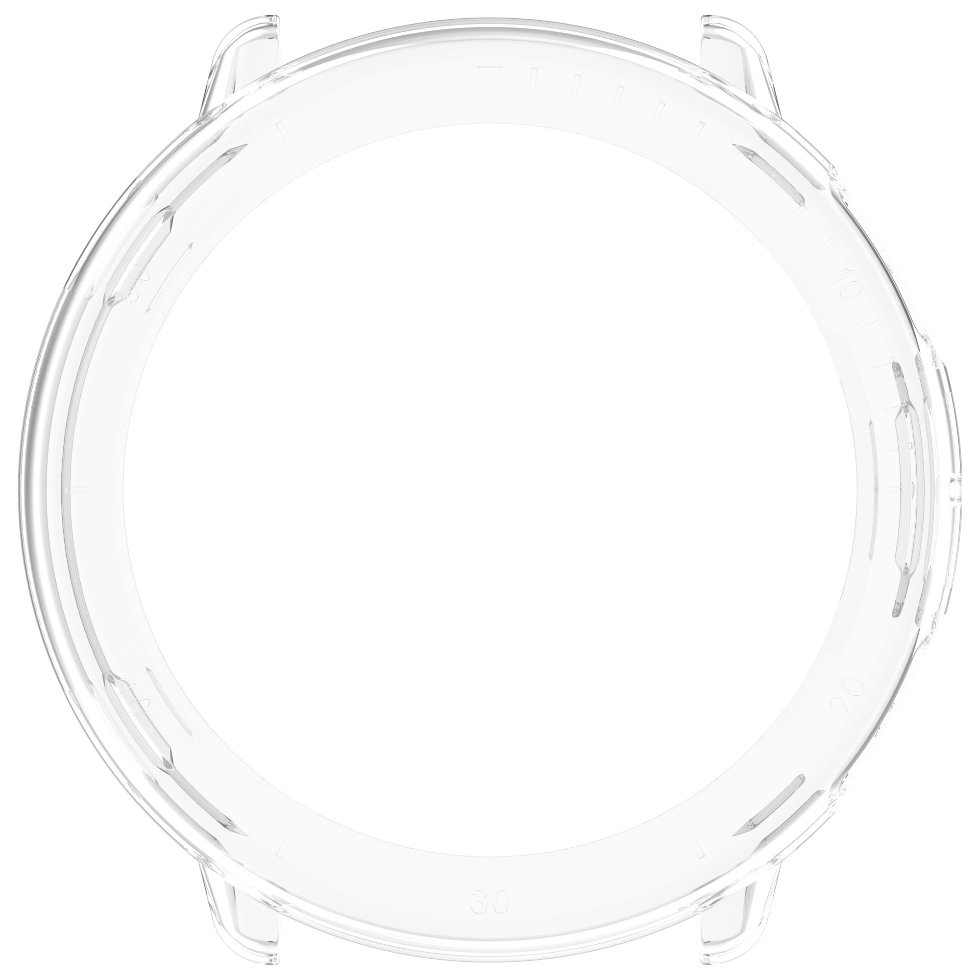 Ghiera dell'orologio trasparente, forma rotonda con indicatori. Sfondo bianco.