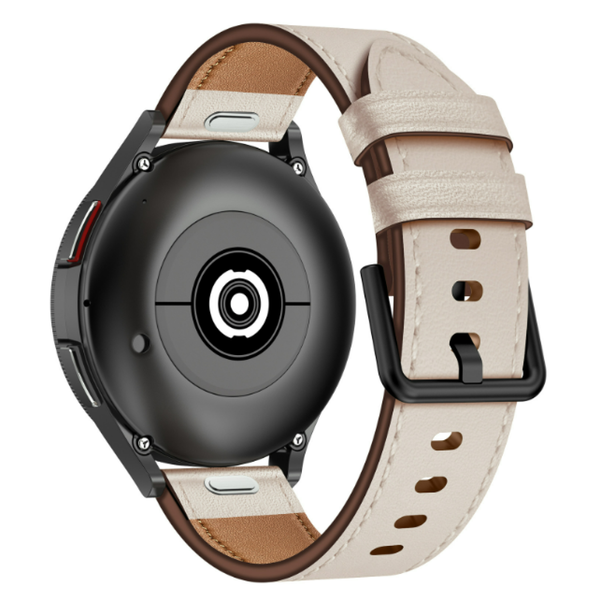 Uno smartwatch con cinturino in pelle beige. L'orologio è nero con quadrante circolare.
