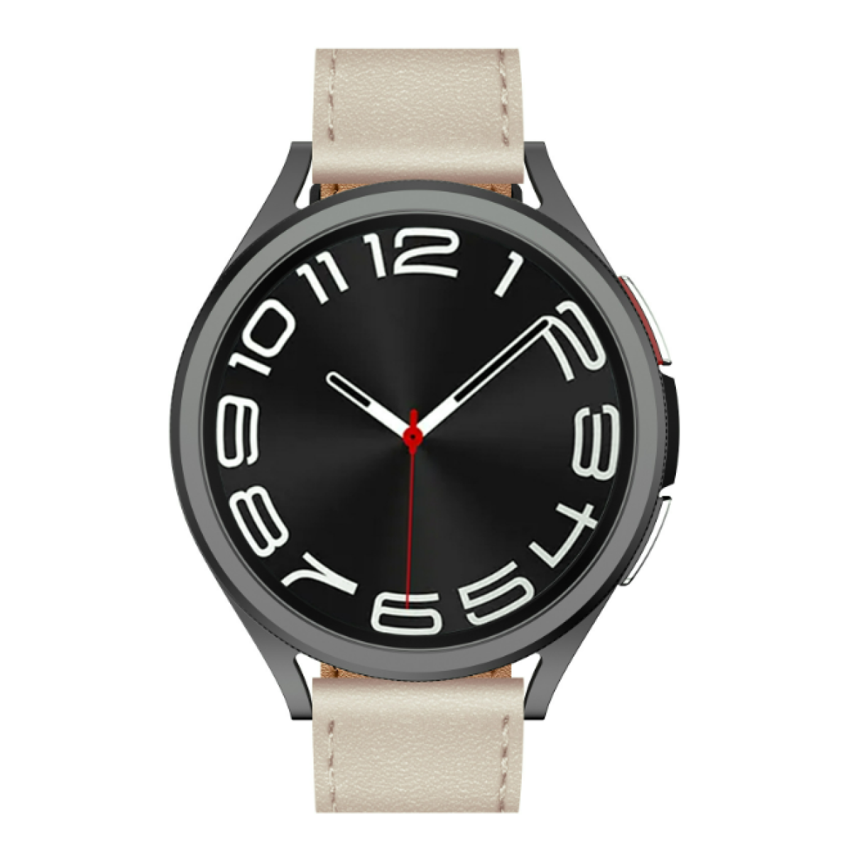 Uno smartwatch con quadrante nero e numeri bianchi su cinturino color crema.
