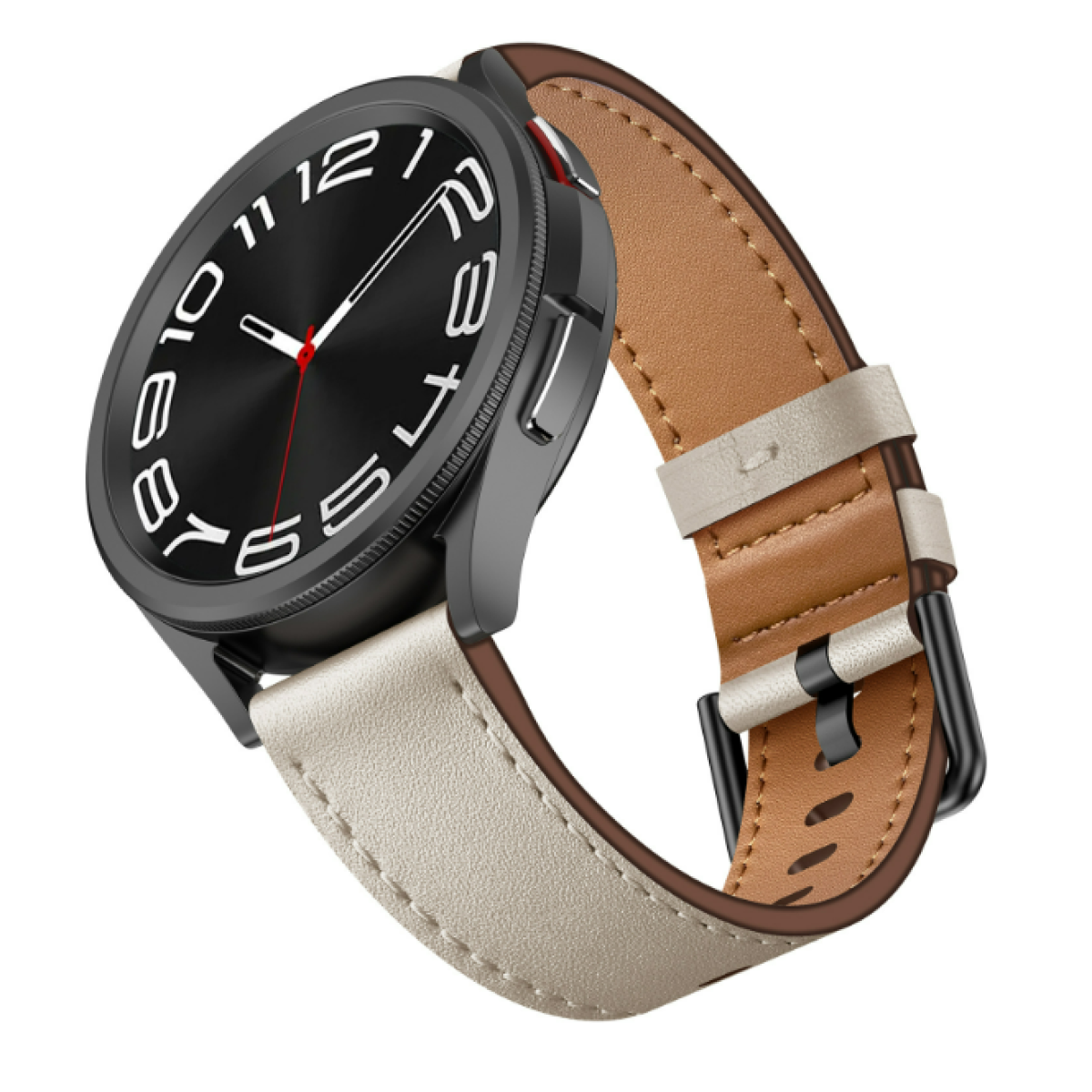 Smartwatch con quadrante nero, numeri bianchi e cinturino crema con interno marrone.