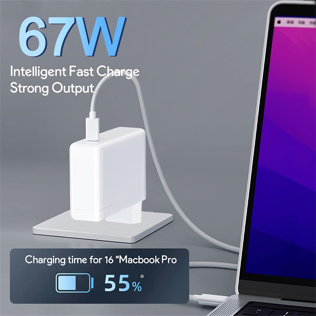 Ein weißes Ladegerät, das einen Laptop mit einem Ladestatus von 55 % verbindet.