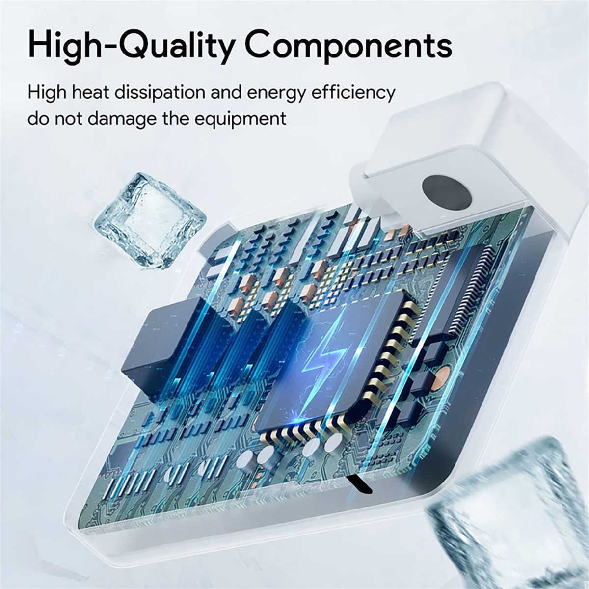 Weißes Netzteil mit sichtbarer Platine. Eiswürfel und der Text 'High-Quality Components'.