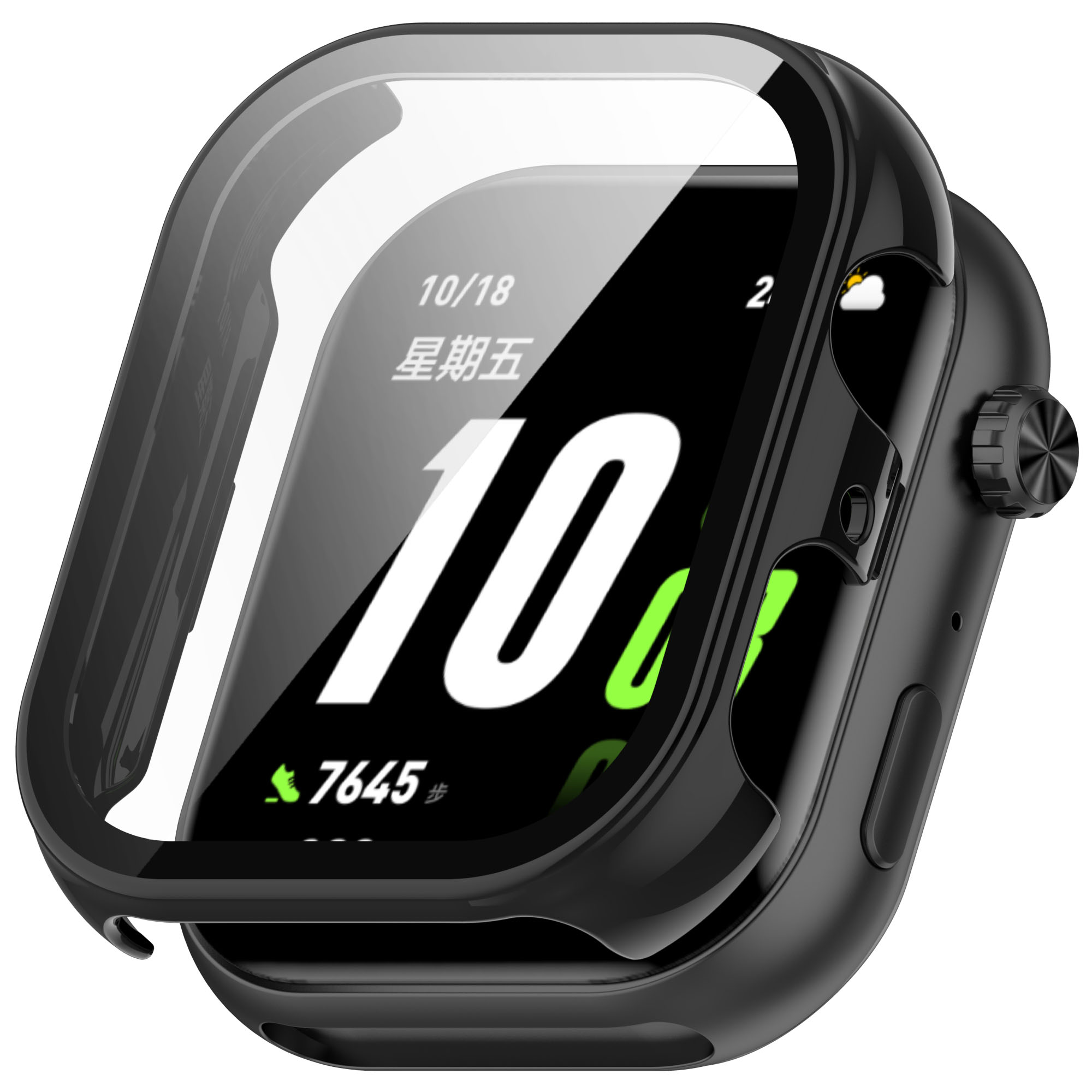 Smartwatch nero con custodia protettiva. Lo schermo mostra dati. L'orologio è su sfondo bianco.