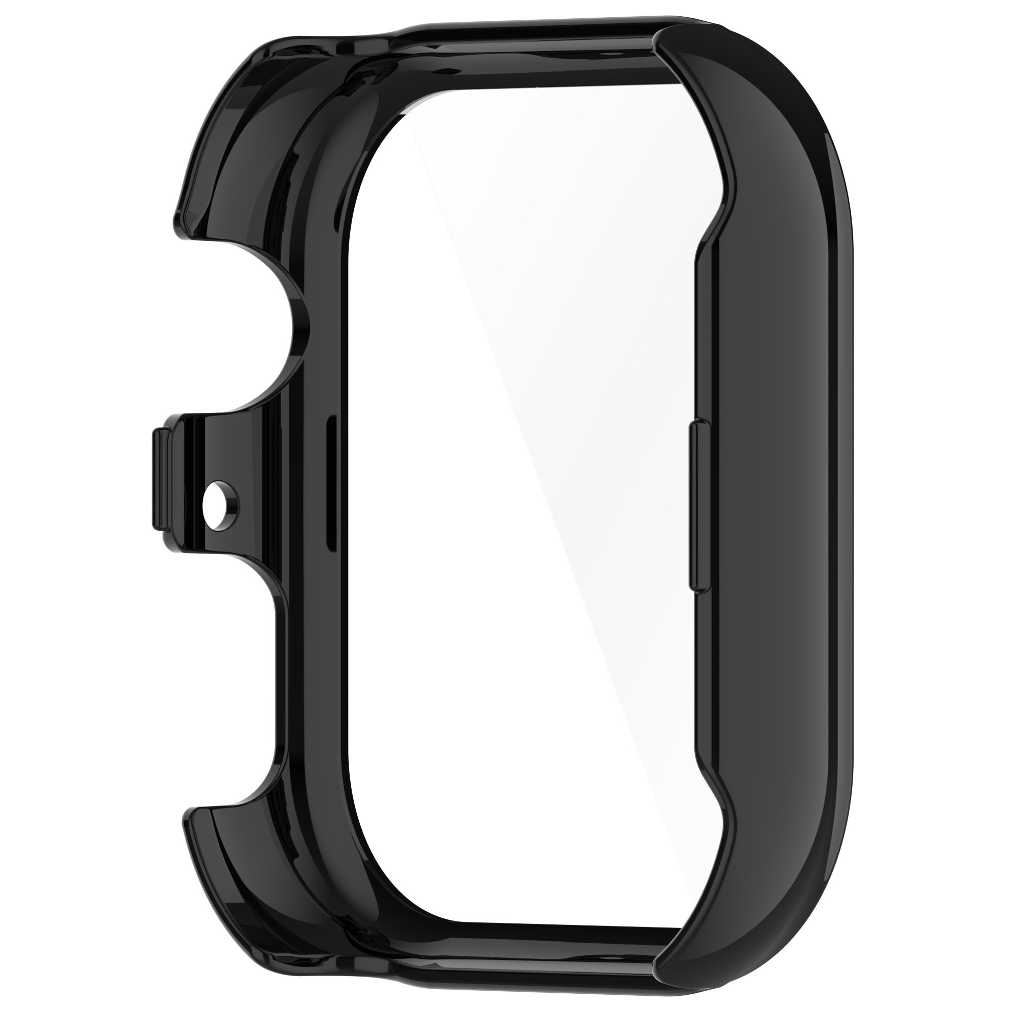 Una custodia nera per smartwatch. La custodia è aperta e vuota, pronta per l'orologio.