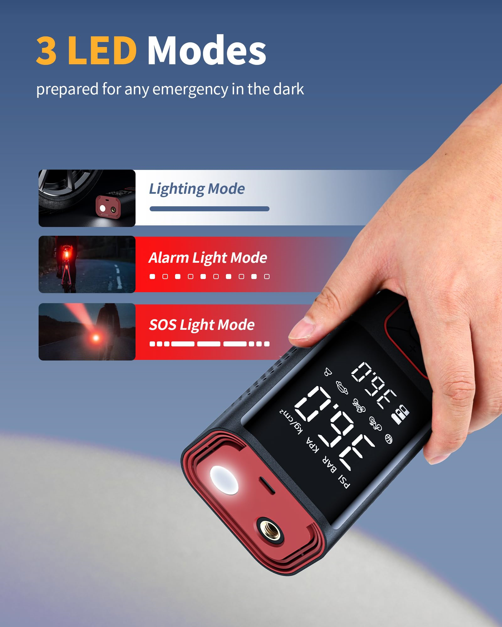 Hand hält einen schwarzen Inflator mit drei LED-Modi. Die Modi sind Beleuchtung, Alarmlicht und SOS-Licht.