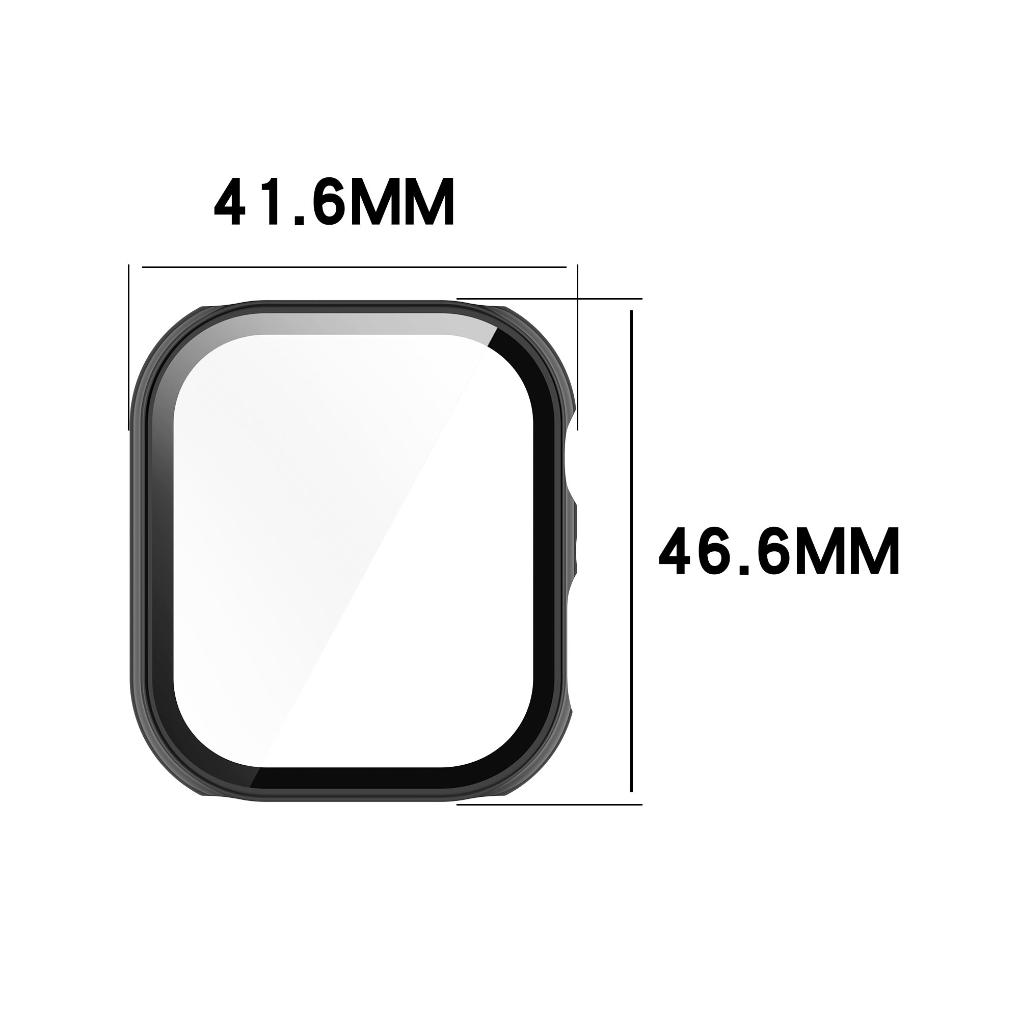 Una cassa per orologio nera con dimensioni 41,6 mm x 46,6 mm, che mostra le dimensioni.