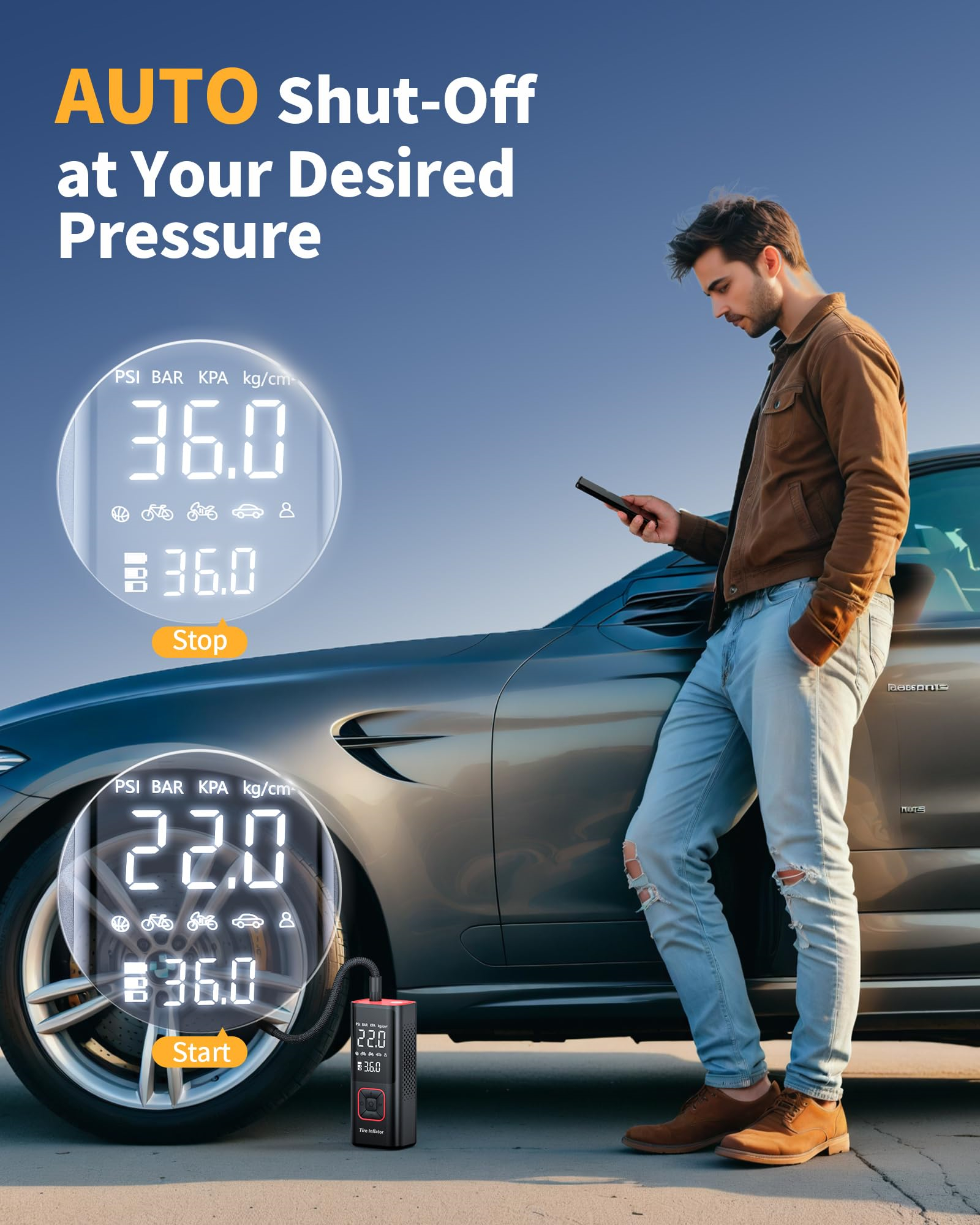 Ein Mann benutzt ein Telefon neben einem Auto. Der Bildschirm zeigt Zahlen und Tasten. Der Text lautet 'AUTO Shut-Off'.