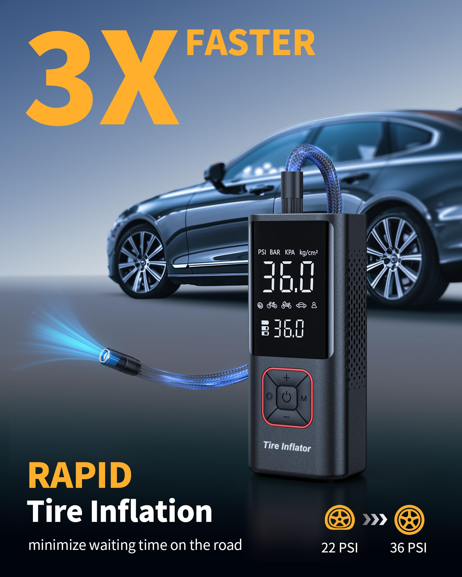 Schwarzer Reifenfüller, der einen Reifen aufpumpt. Text: 3X Schneller, Schnelles Aufpumpen. Zeigt 22 und 36 PSI.