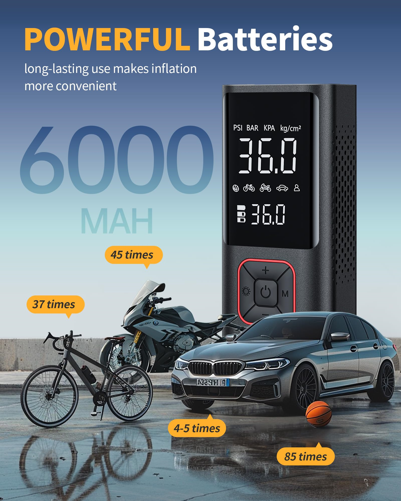 Inflator neben Fahrrad, Motorrad und Auto. Anzeigen zeigen, wie viele Aufblasvorgänge mit Akku möglich sind.