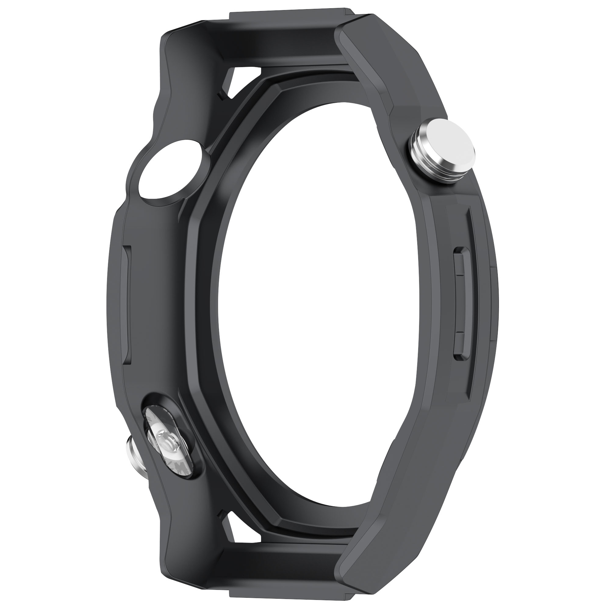 Cassa dell'orologio grigio scuro con pulsanti argentati, progettata per proteggere l'orologio.