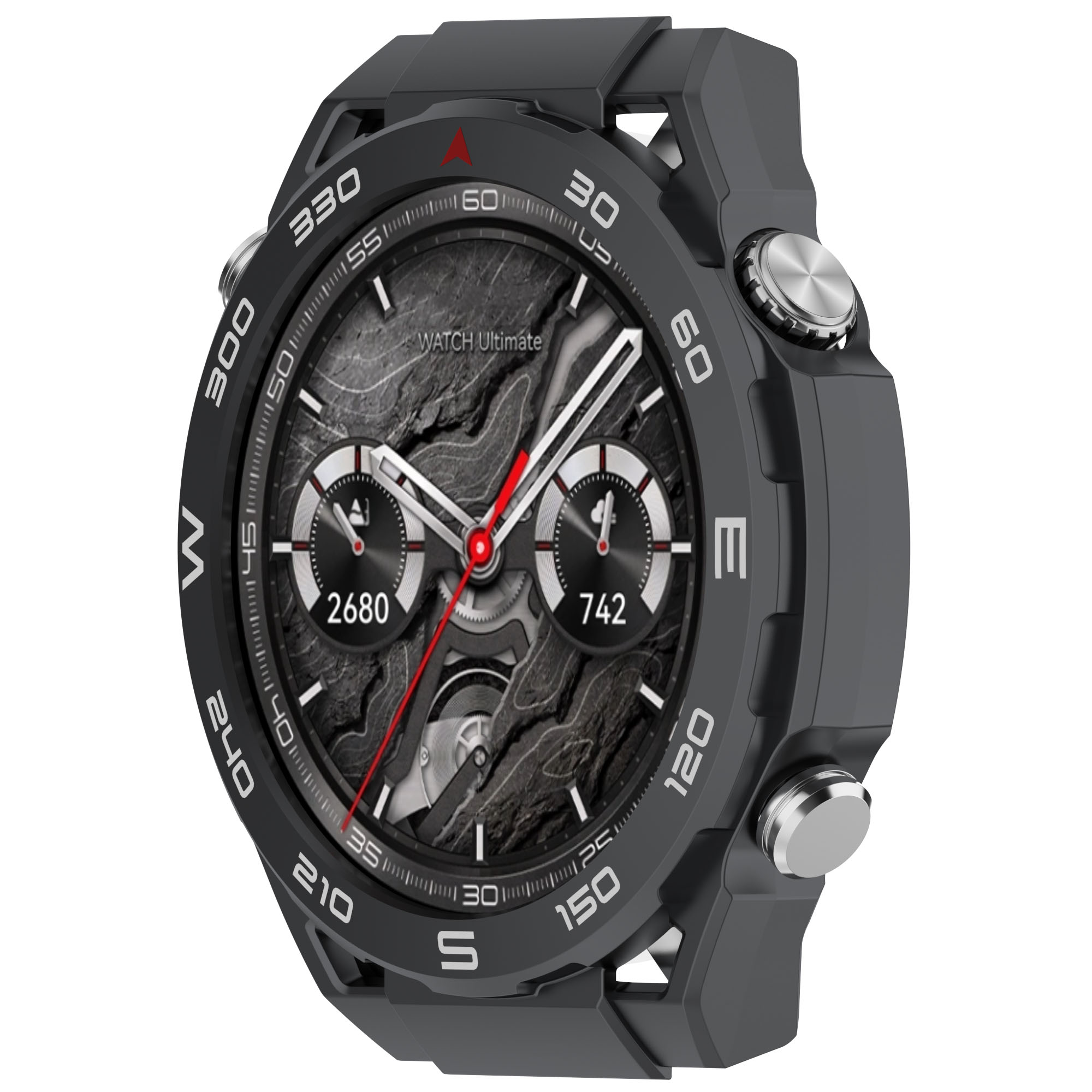 Smartwatch con cassa grigio scuro. Il quadrante mostra l'ora, la bussola e altre metriche.