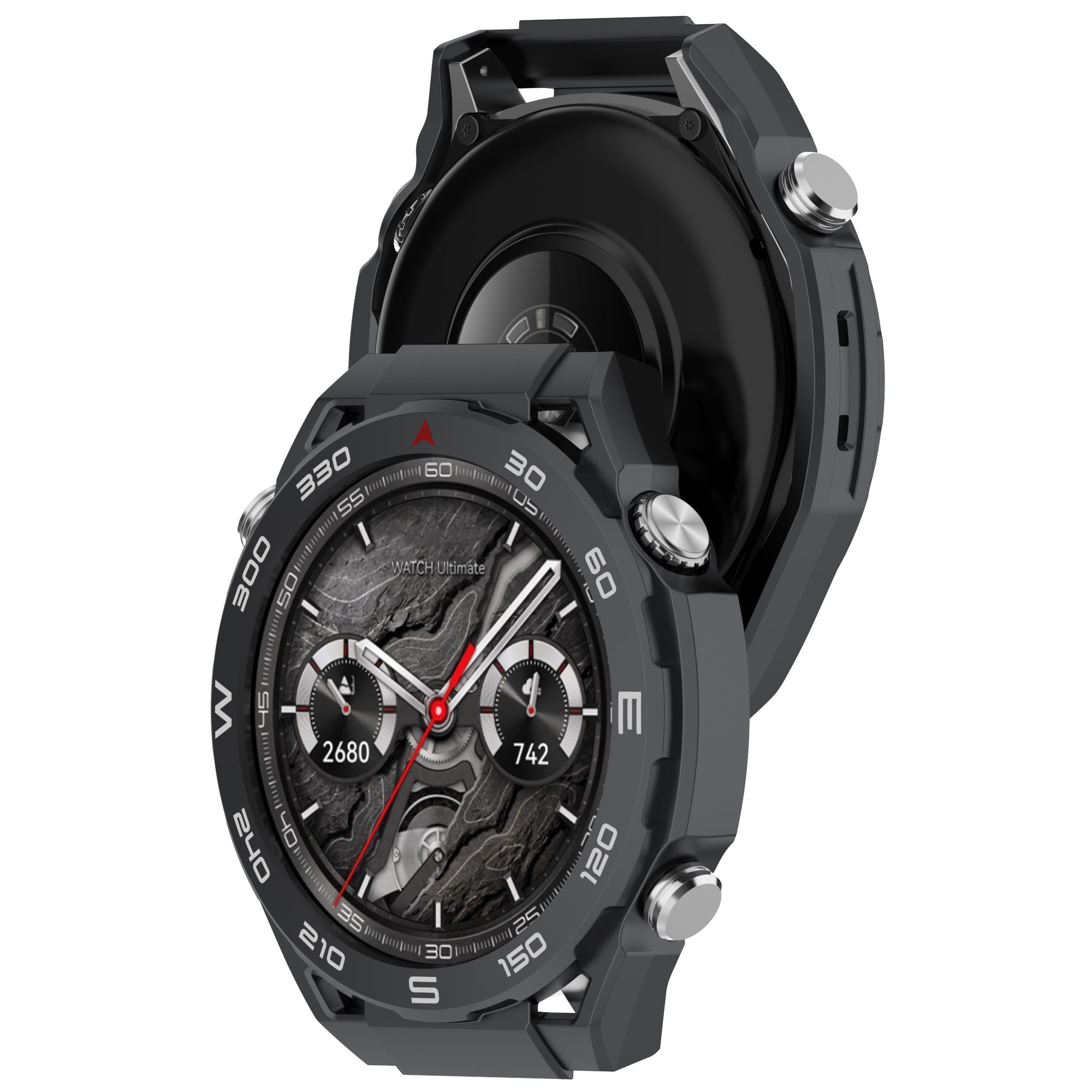 Smartwatch con cassa grigio scuro. Il quadrante mostra l'ora, la bussola e altre metriche. Cassa aperta.