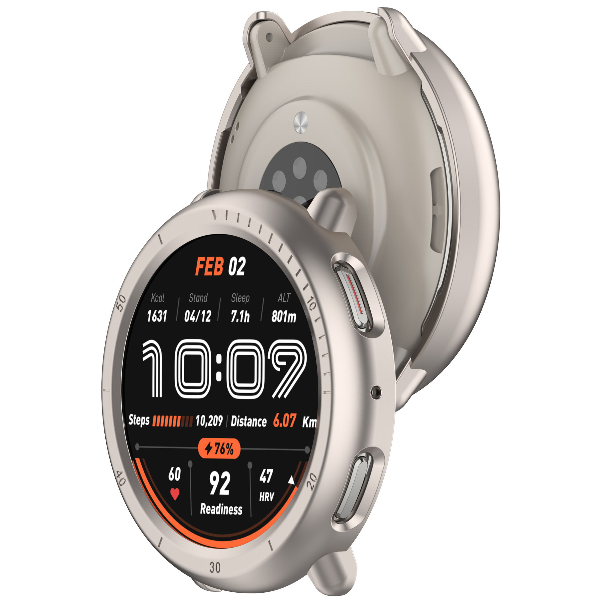 Smartwatch con cassa argentata. Il quadrante mostra l'ora, i passi, la frequenza cardiaca e altri dati.