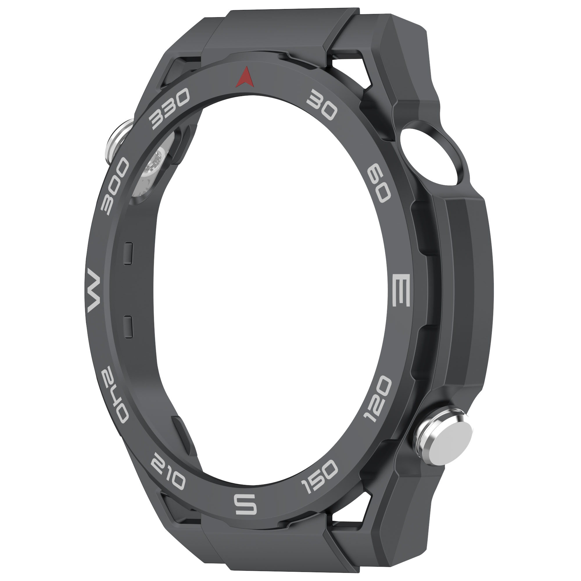 Cassa dell'orologio grigia. Nero e grigio con numeri. Triangolo rosso in alto.