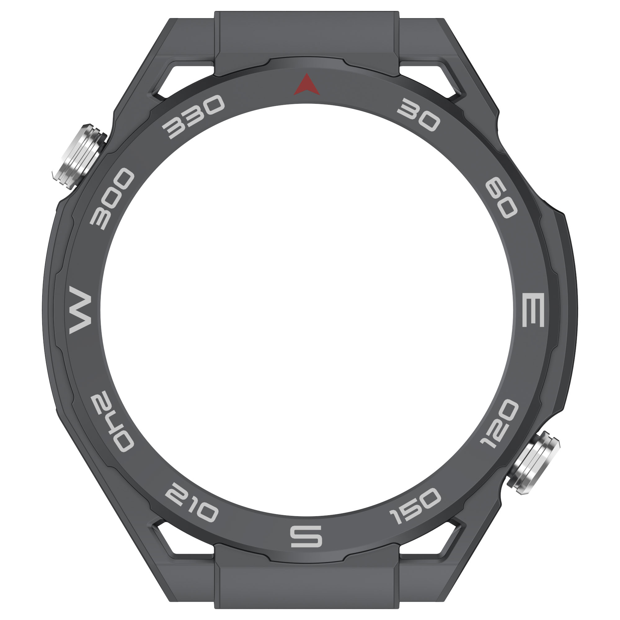 Lunetta grigia dell'orologio con numeri e marcatori. Marcatori direzionali presenti. Due pulsanti metallici.