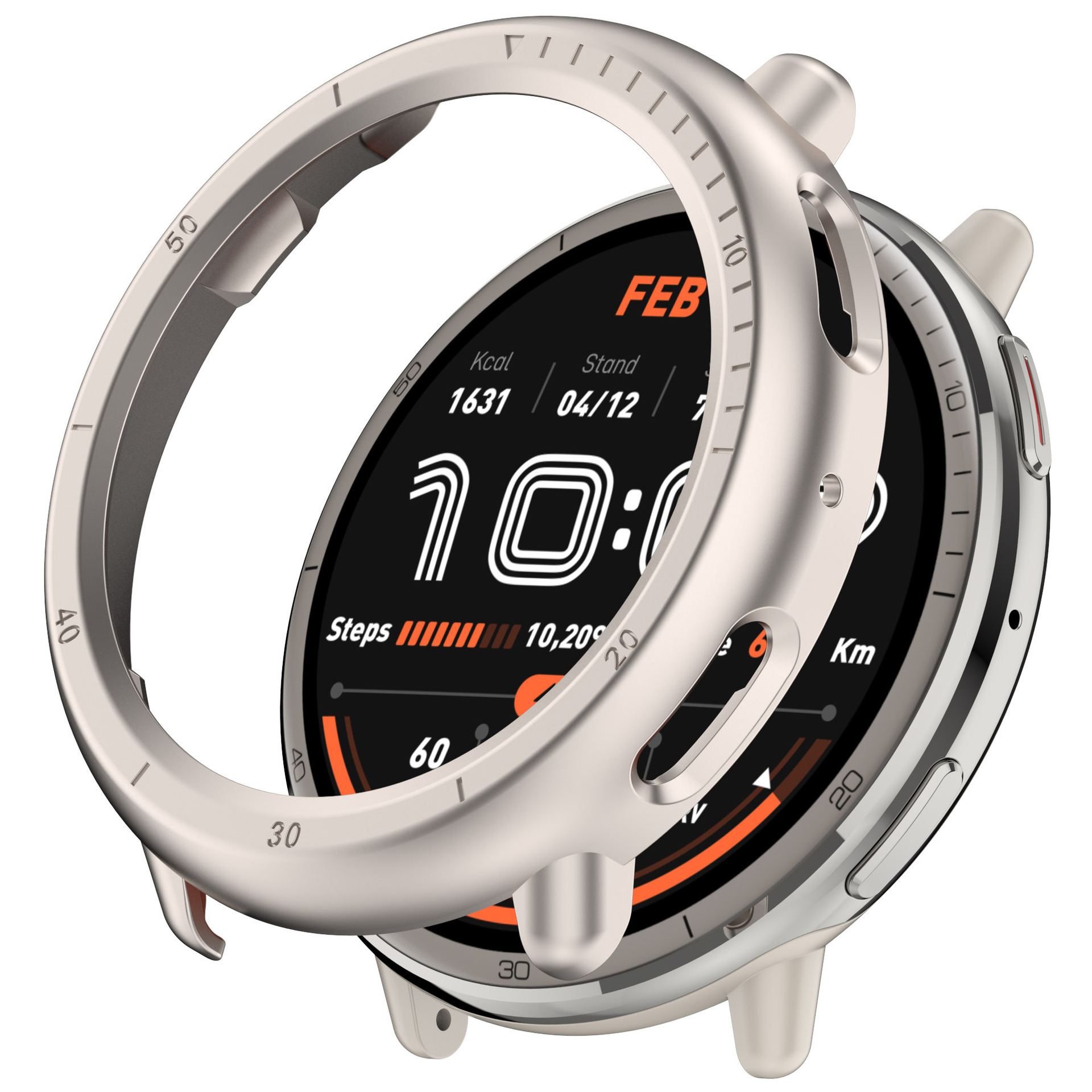 Smartwatch e cassa aperta. Il quadrante mostra l'ora, i passi e altri dati sanitari. La cassa è argentata.