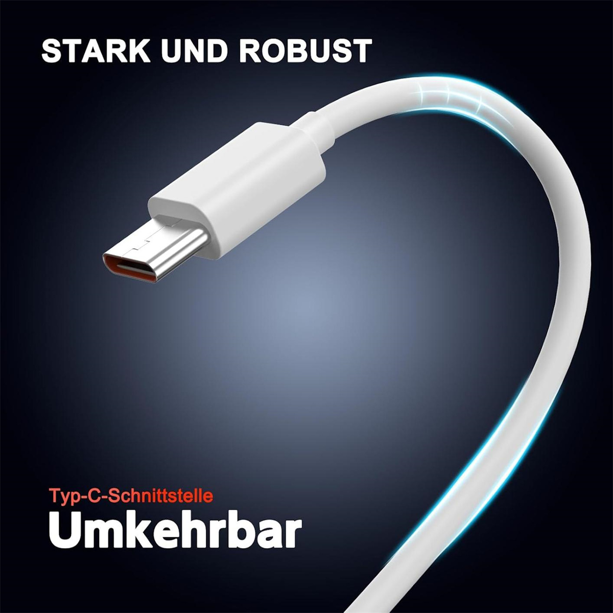 Ein weißes Ladekabel mit USB-C-Anschluss. Text: Stark und Robust. Typ-C-Schnittstelle Umkehrbar.