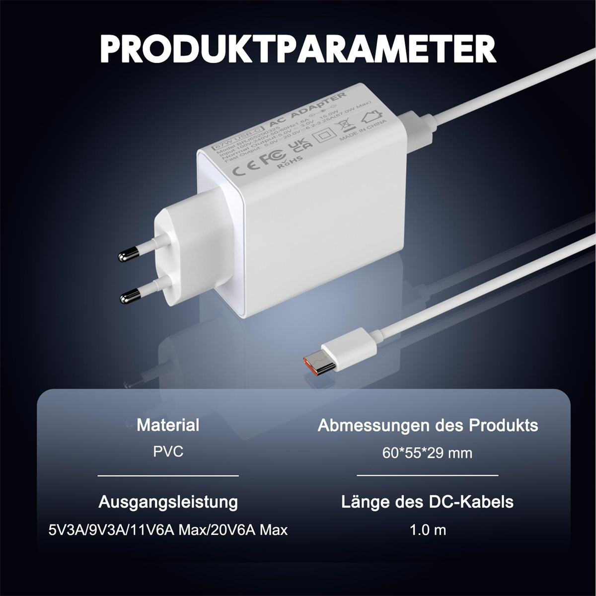 Weißes Ladegerät mit Produktparametern. Informationsetiketten mit Text. USB-C-Kabel auf dem Display.