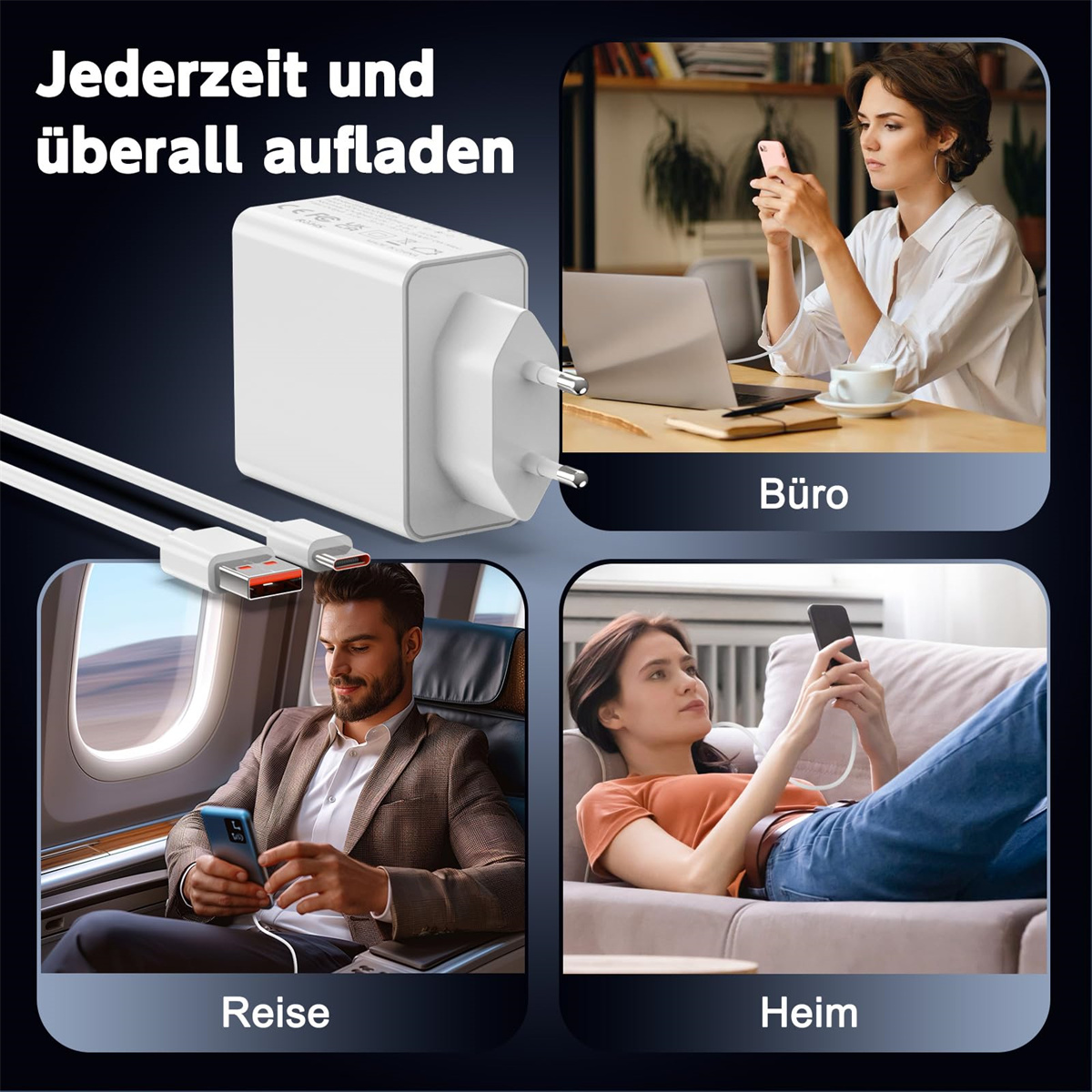 Ein weißes Ladegerät mit Kabeln. Bilder zeigen Anwendungsfälle: Büro, Reise und Zuhause. Text: Jederzeit und überall aufladen.