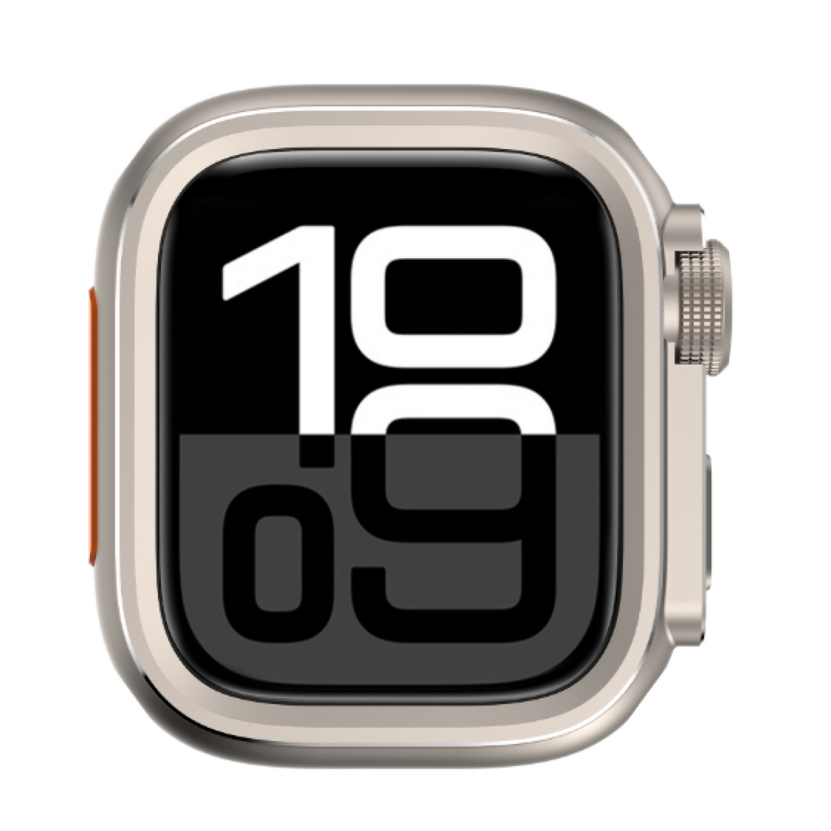 Smartwatch che mostra l'ora. Cassa argentata con un accento arancione sul lato. Display nero.