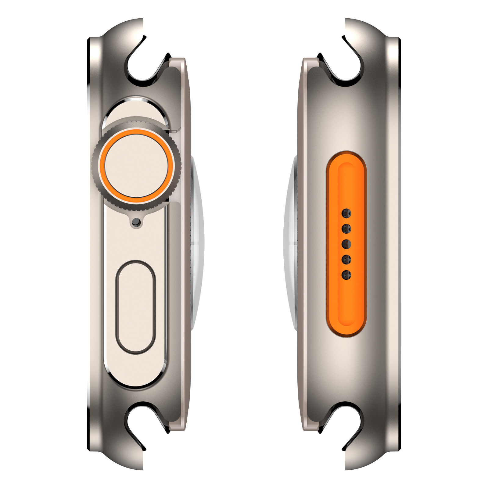 Due lati di smartwatch; uno con pulsante arancione, l'altro con linea arancione. Entrambi grigio argento.