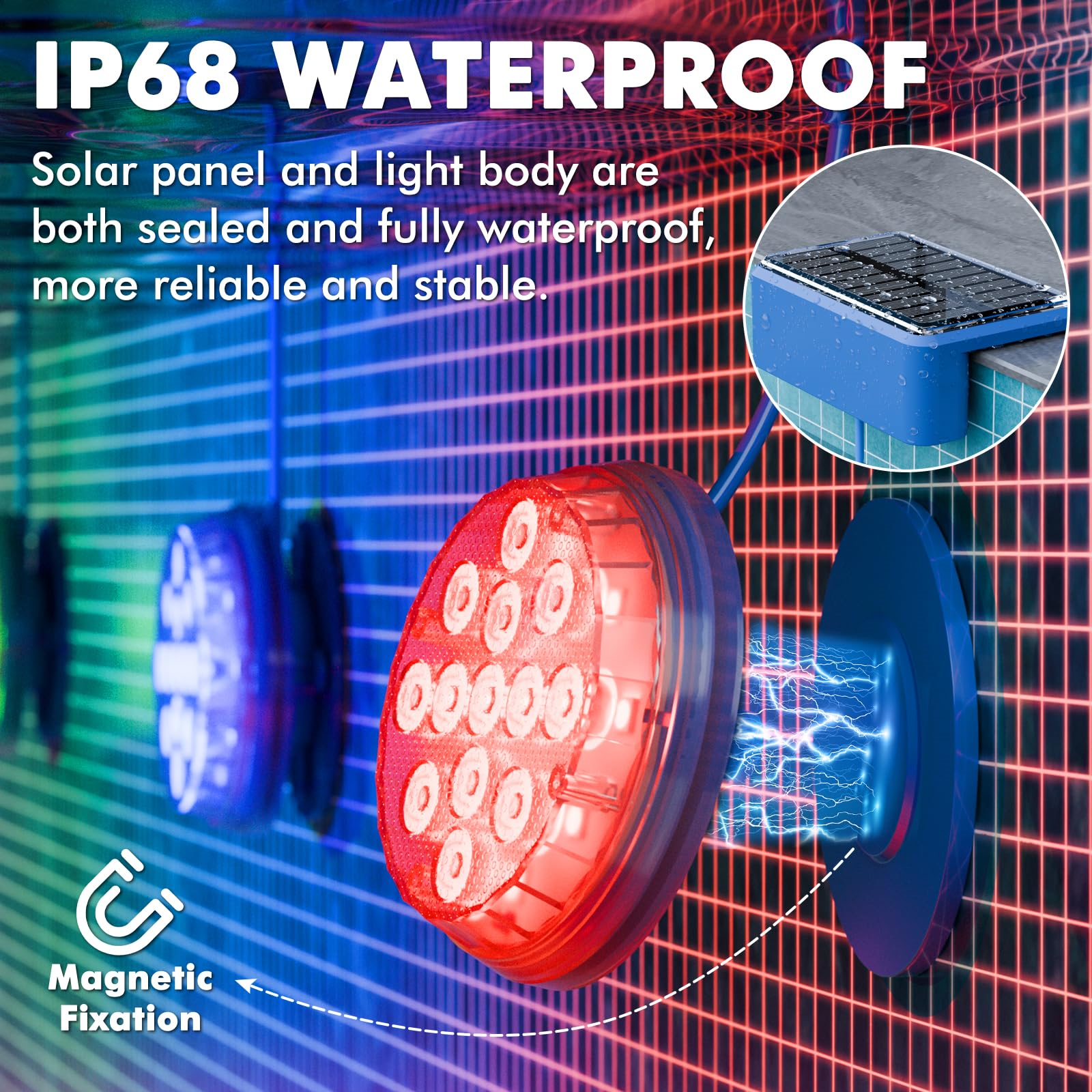 Poollichtinstallation mit rotem Licht und blauem Lichtgitterhintergrund. Magnetische Fixierung.