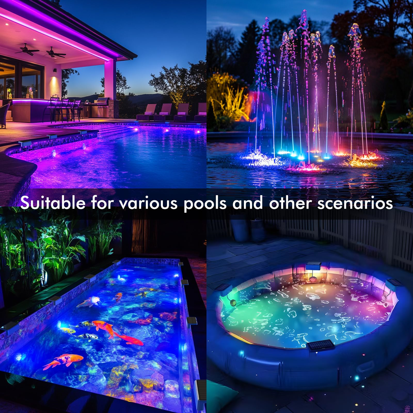 Pools und Brunnen mit bunten Lichtern, einschließlich Koi in einem Pool. Nachtszene.