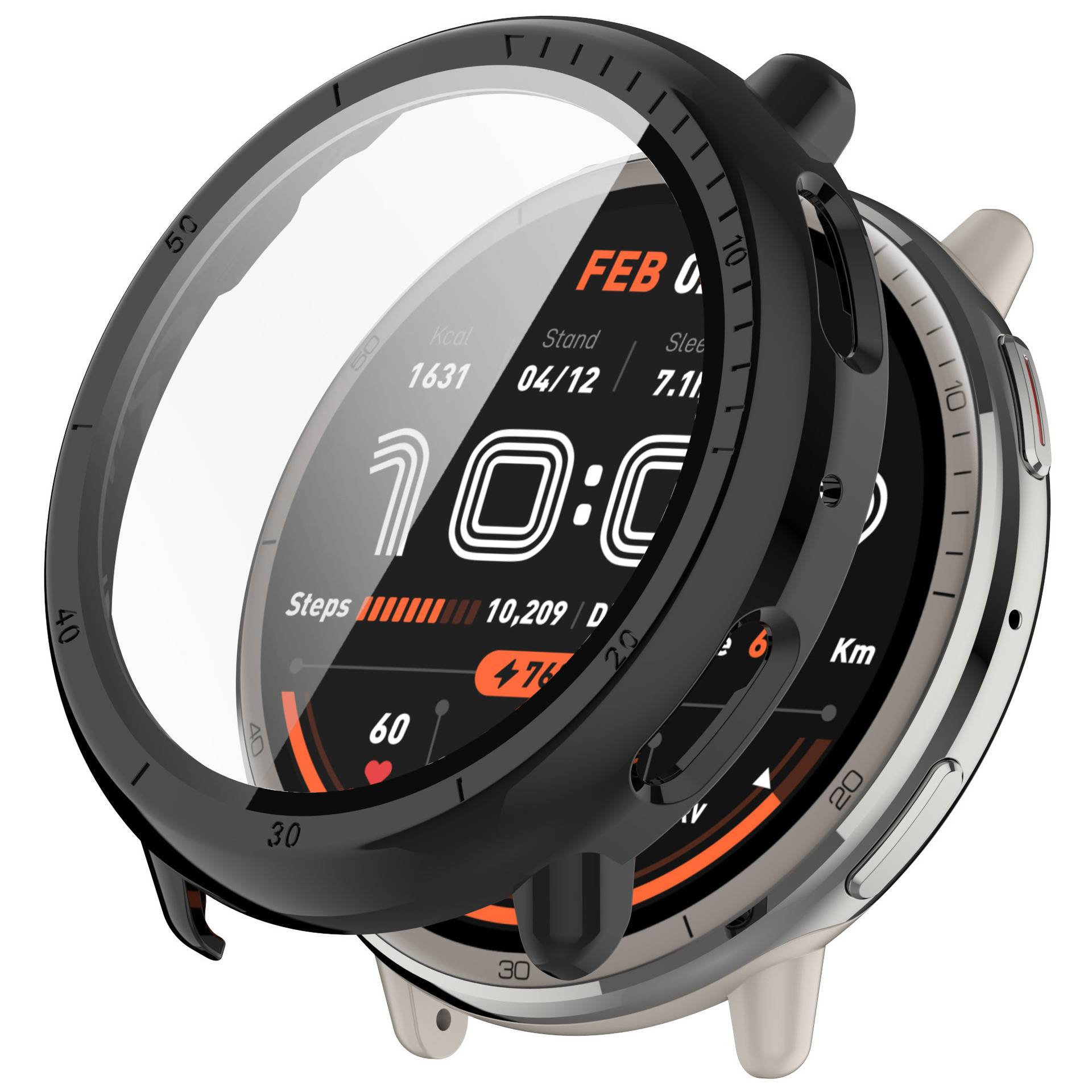 Uno smartwatch con lunetta nera attaccata. Lo schermo mostra l'ora e altre metriche di salute con uno schermo trasparente.