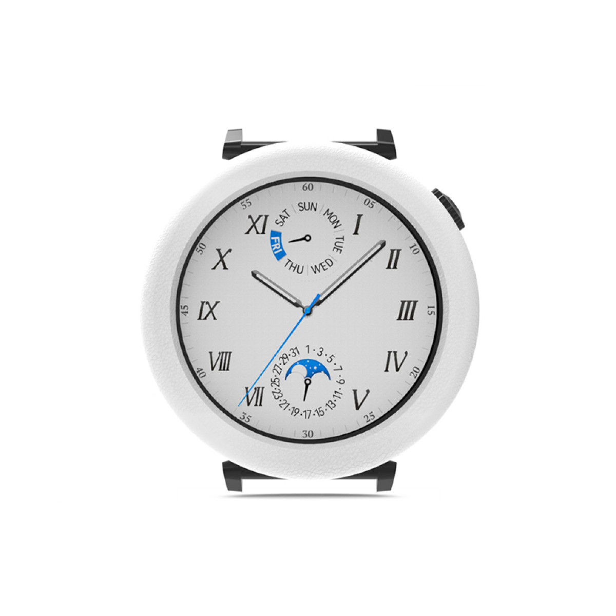 Orologio bianco con numeri romani e calendario. Lancette nere indicano l'ora. Cinturini neri.