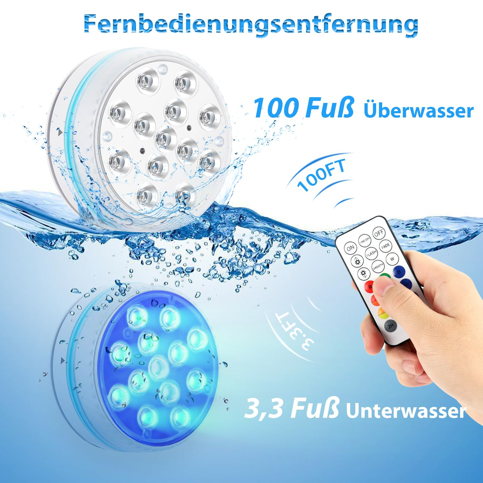 Unterwasserlichter im Wasser mit Fernbedienung. Ein Licht ist im Wasser, ein anderes darüber, mit Text.