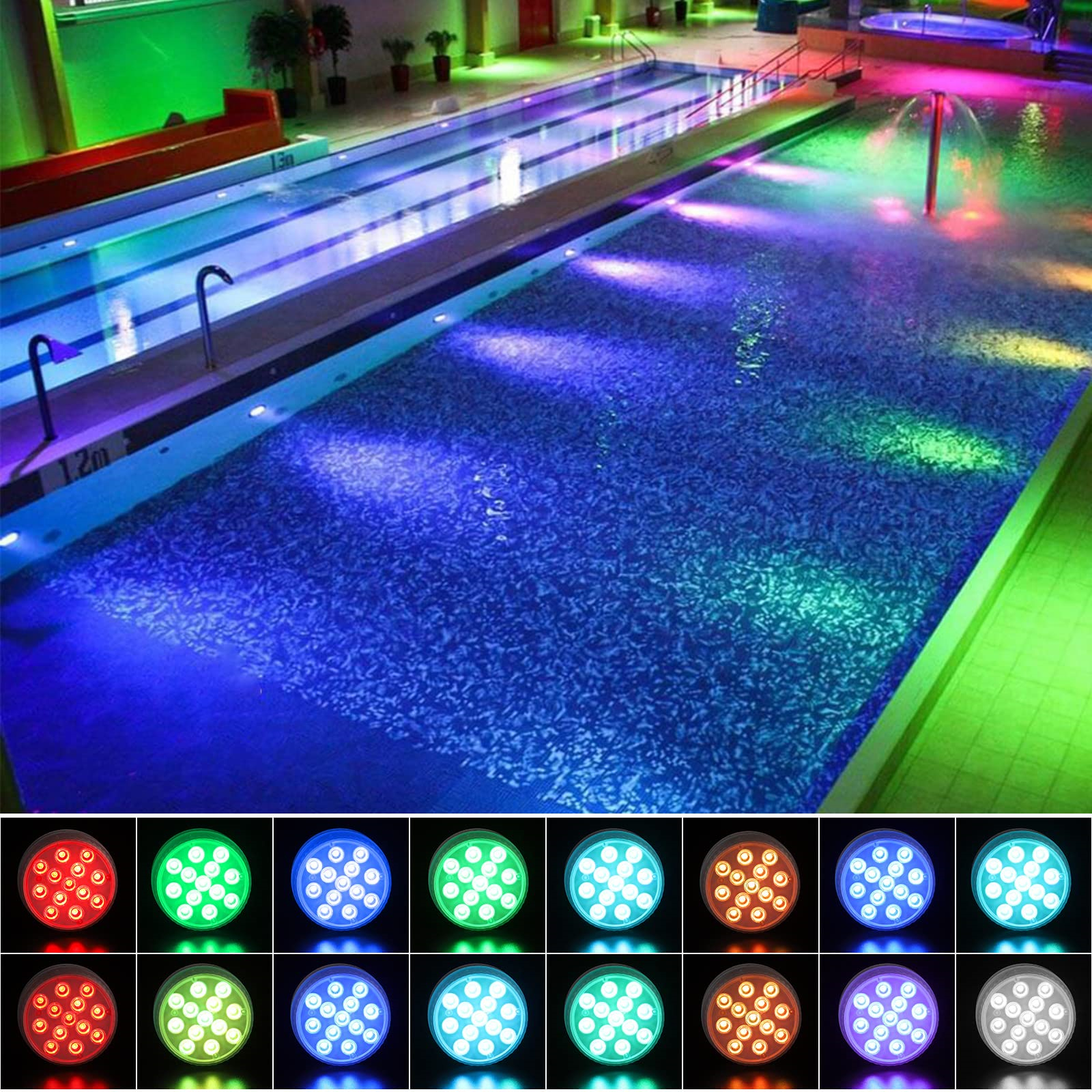 Ein Schwimmbecken mit bunten Unterwasserlichtern. Die Lichter erzeugen eine lebendige Darstellung.