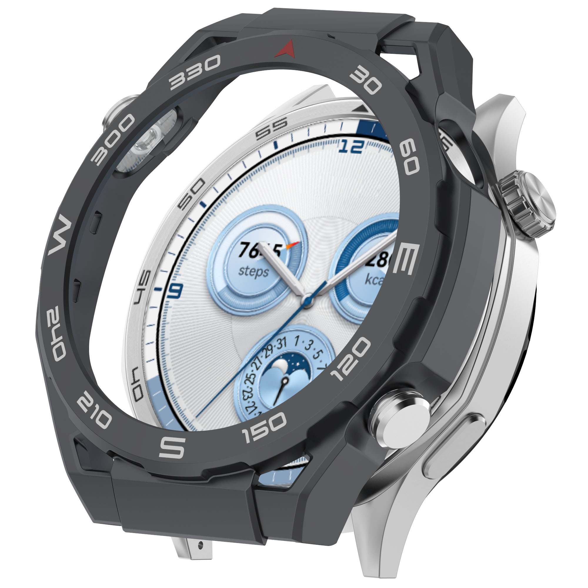 Cassa per orologio grigio scuro con display bianco. Numeri e marcature visibili. Sfondo bianco.