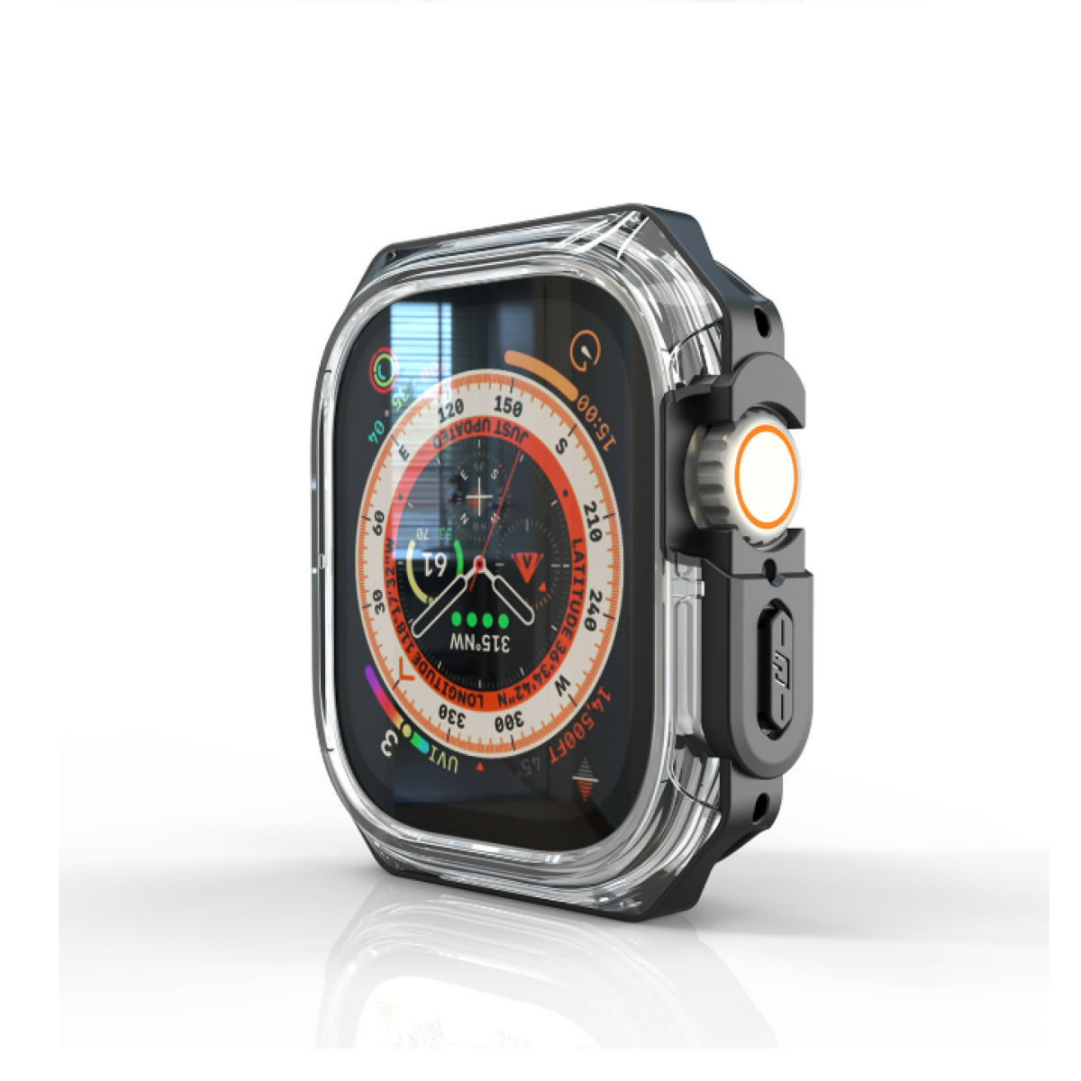 Uno smartwatch in una custodia trasparente, che mostra l'ora, la bussola e altri dati. L'orologio ha una cornice nera.