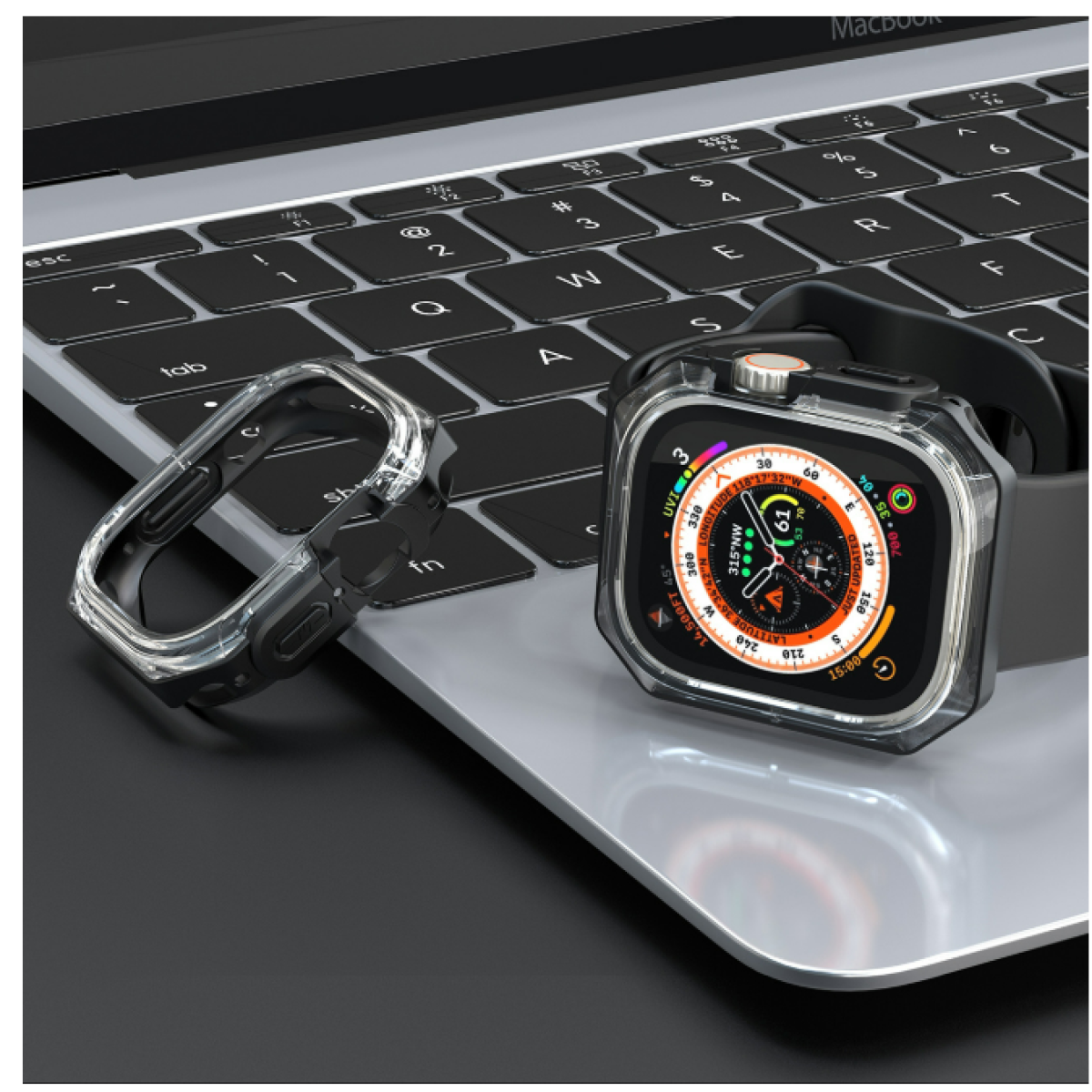 Uno smartwatch con una custodia trasparente è appoggiato sulla tastiera di un laptop. Accanto c'è una custodia extra.