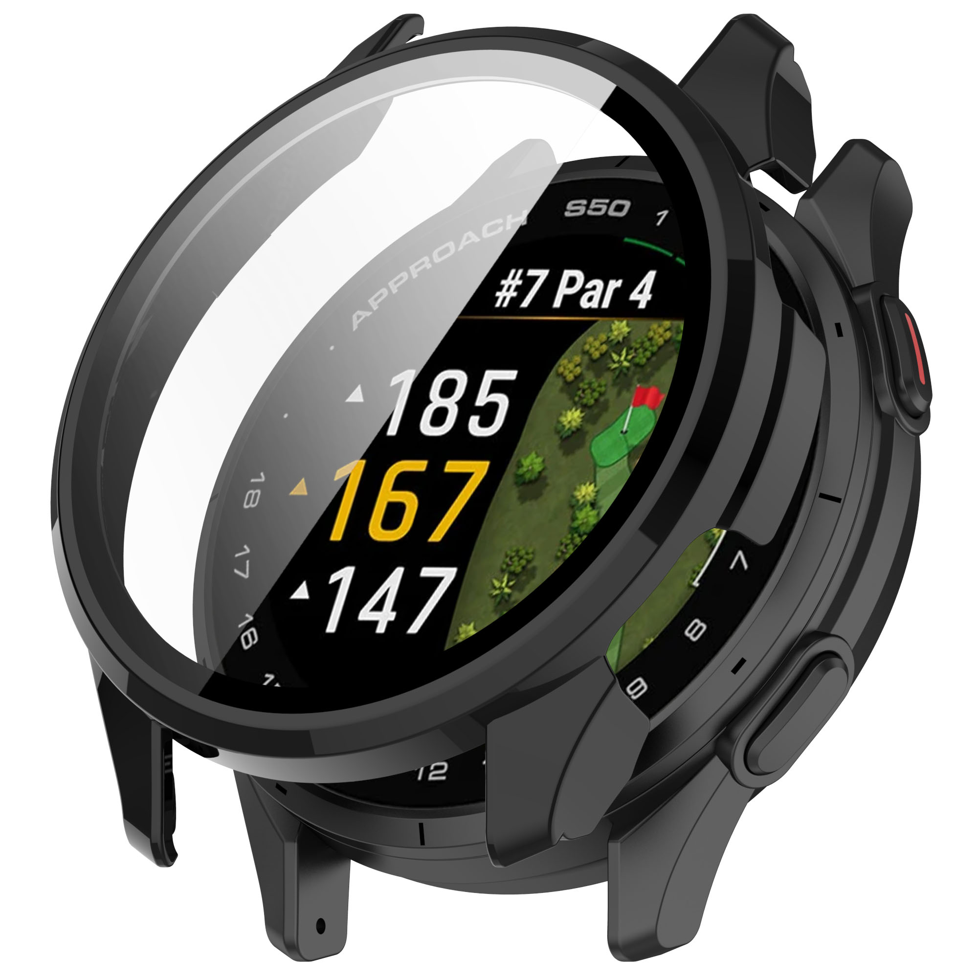Orologio nero con schermo che mostra dettagli e numeri del campo da golf. Protezione schermo trasparente. Sfondo bianco.