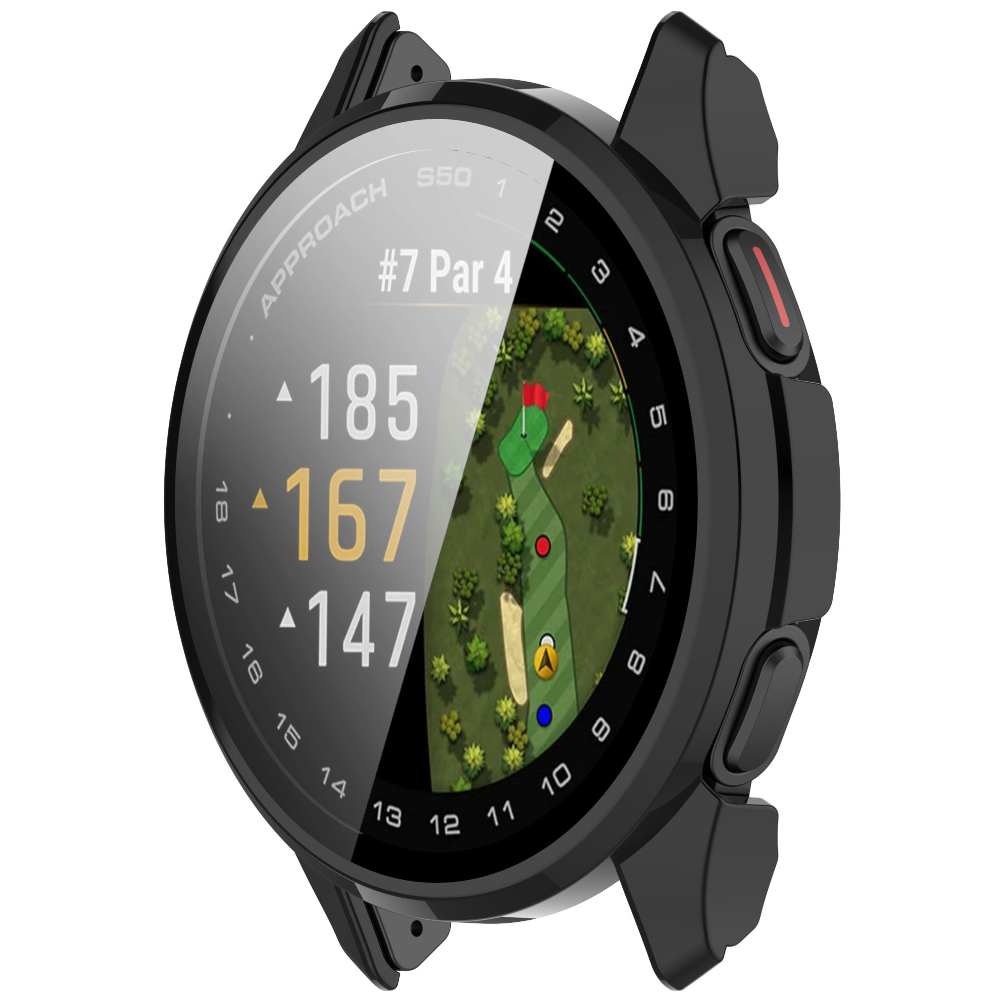 Uno smartwatch che mostra il layout di un campo da golf con distanze. Ha una cassa nera e cinturini neri.