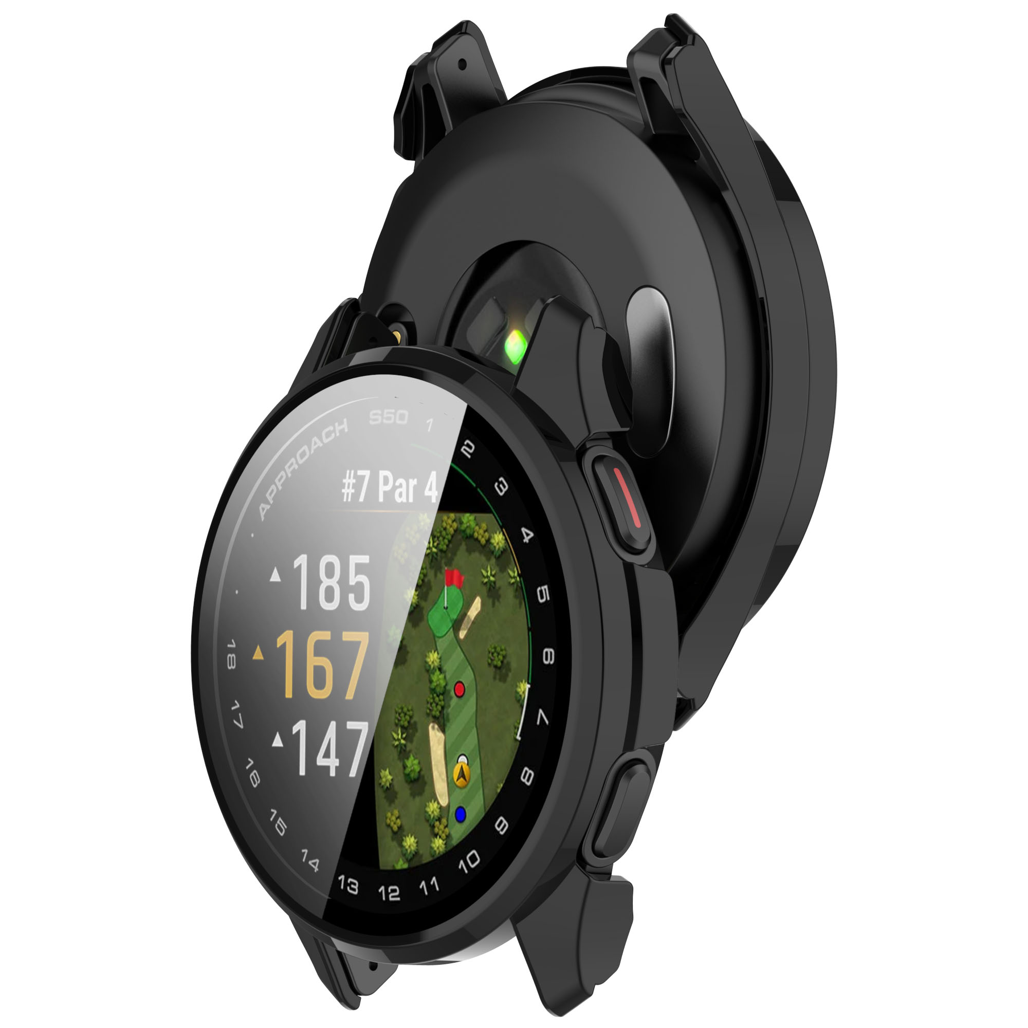 Uno smartwatch che mostra il layout di un campo da golf, con una base di ricarica. L'orologio ha una cassa nera.