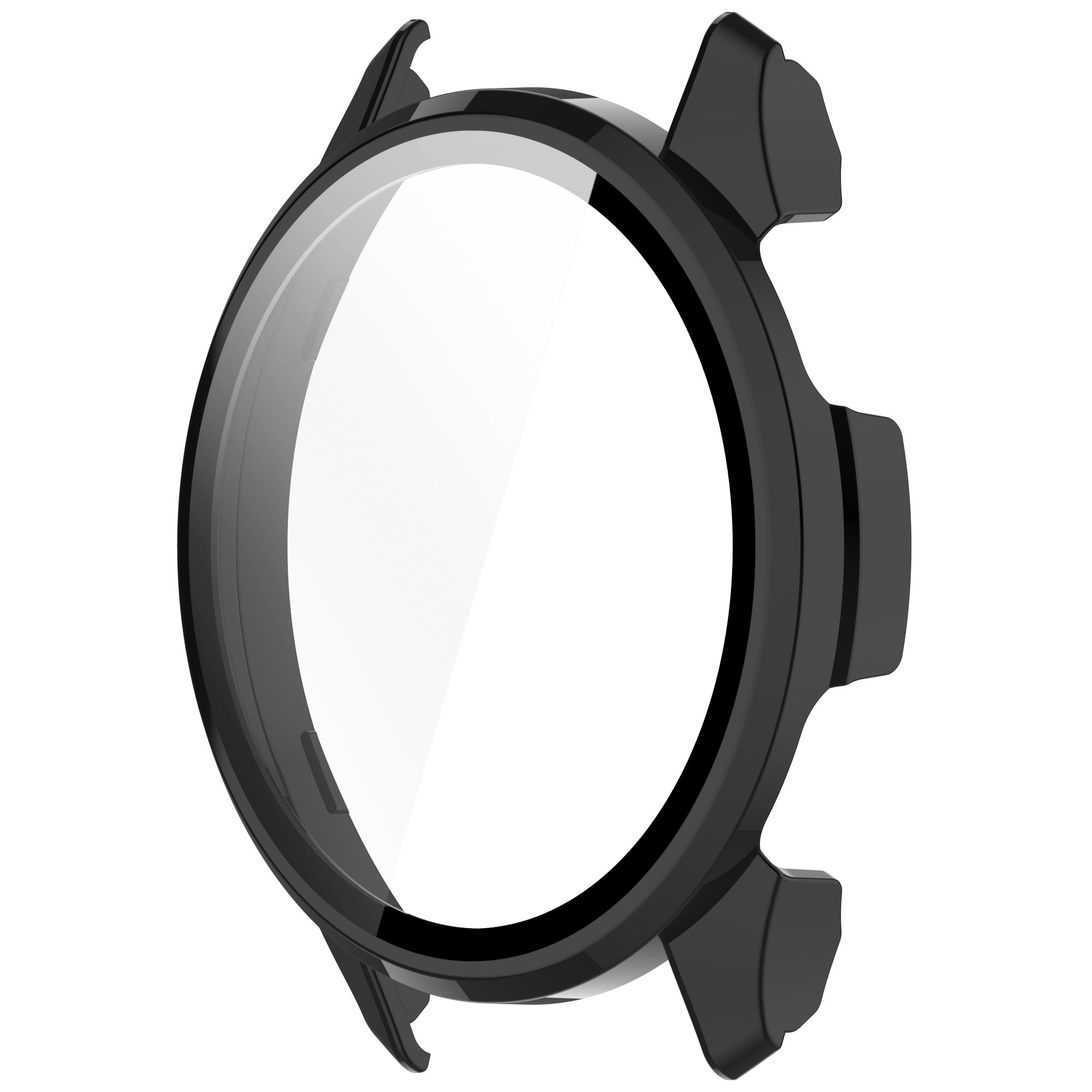 Una cassa per orologio nera con protezione schermo trasparente. La cassa ha un design elegante e uno sfondo bianco.