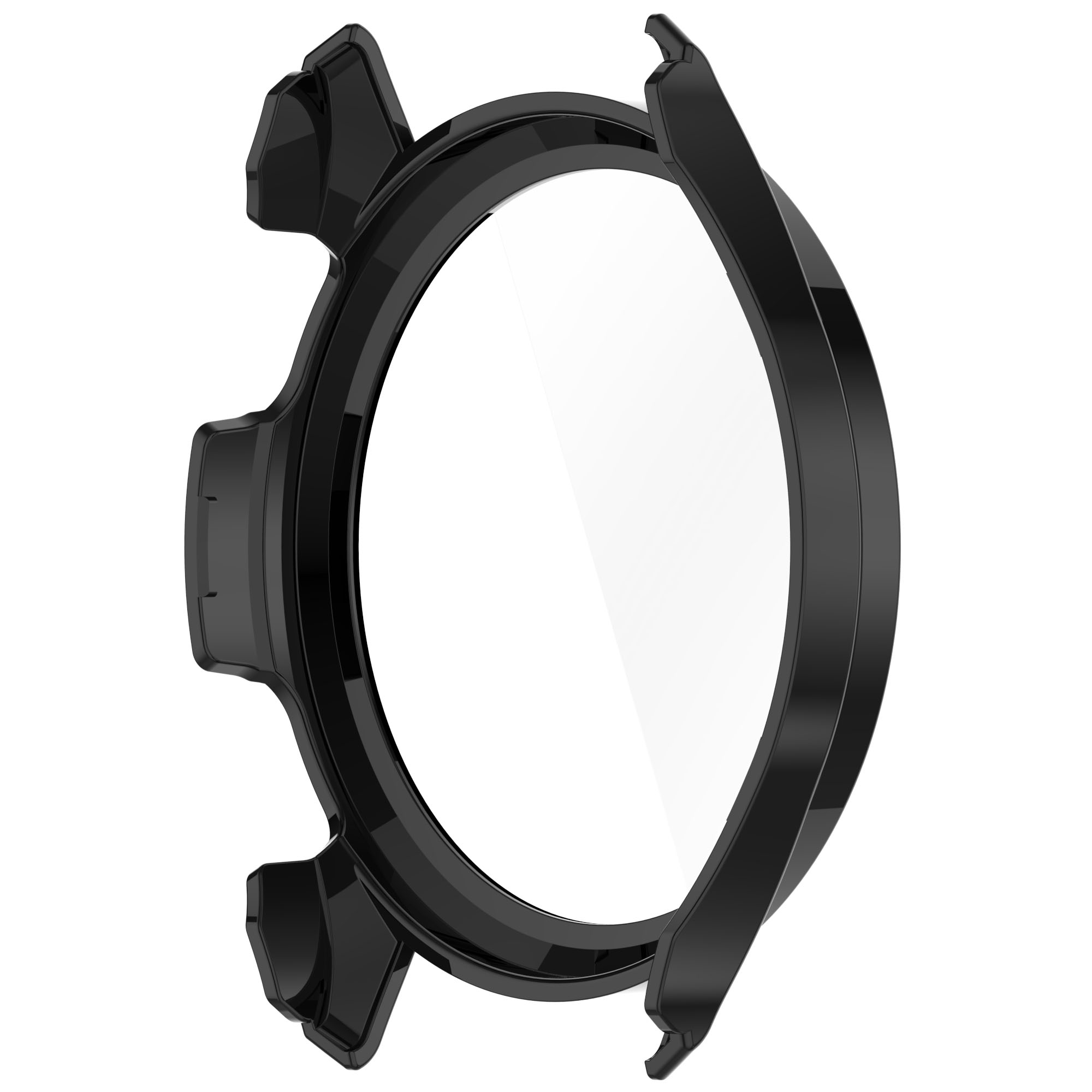 Cassa per orologio nera con protezione schermo trasparente. Il design è moderno e presenta uno sfondo bianco.