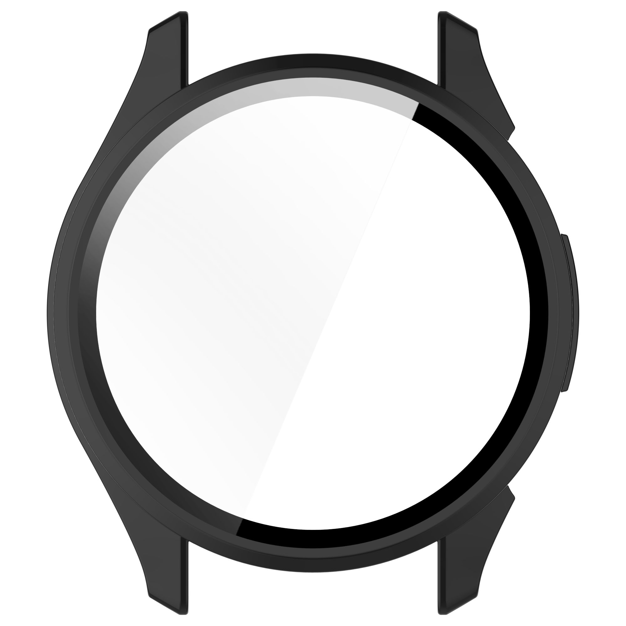Cassa per orologio nera con protezione schermo trasparente. Design elegante e sfondo bianco.
