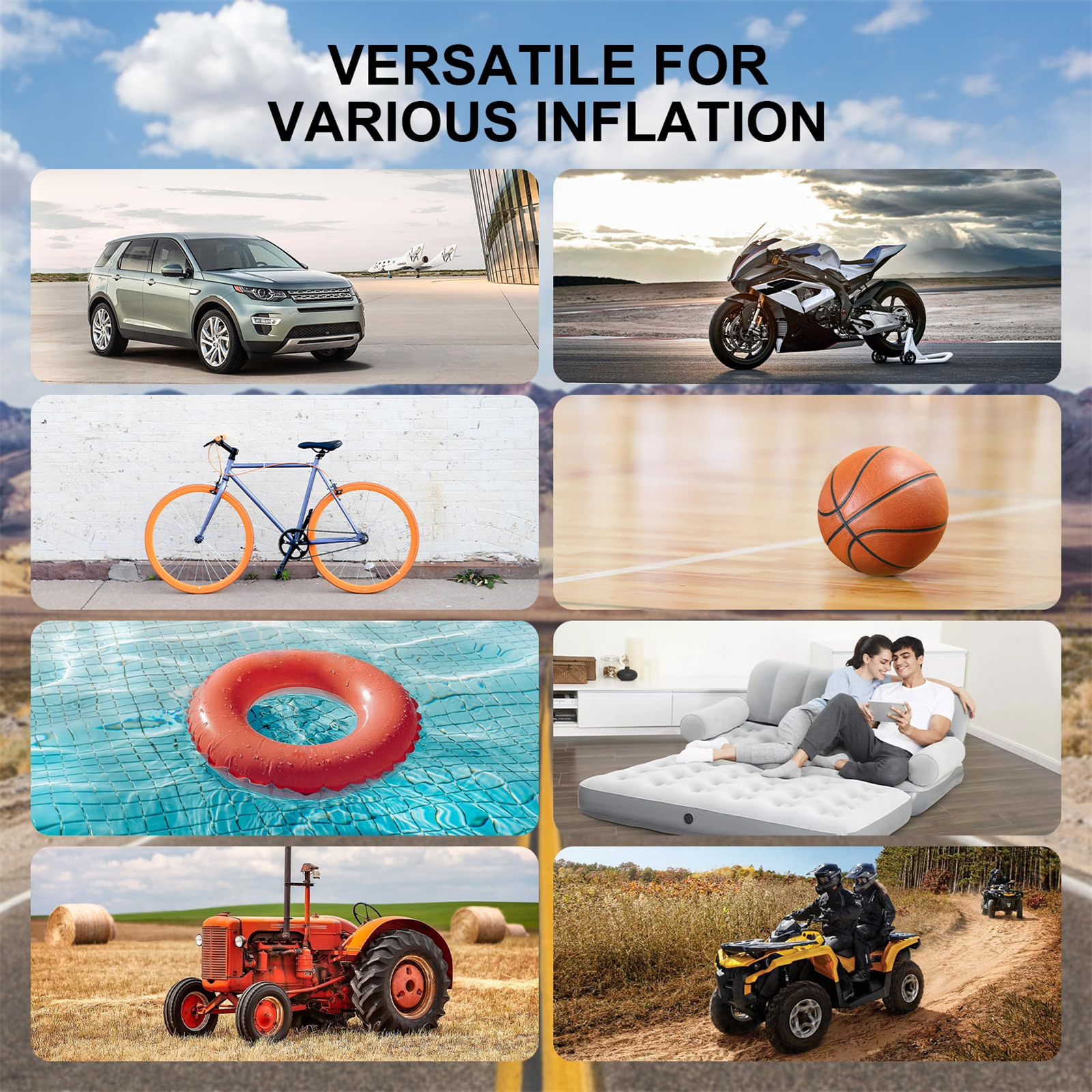 Collage von Bildern, die aufblasbare Gegenstände zeigen: ein Auto, ein Motorrad, ein Fahrrad, ein Ball, ein Schwimmer, eine Matratze, ein Traktor und ein ATV.