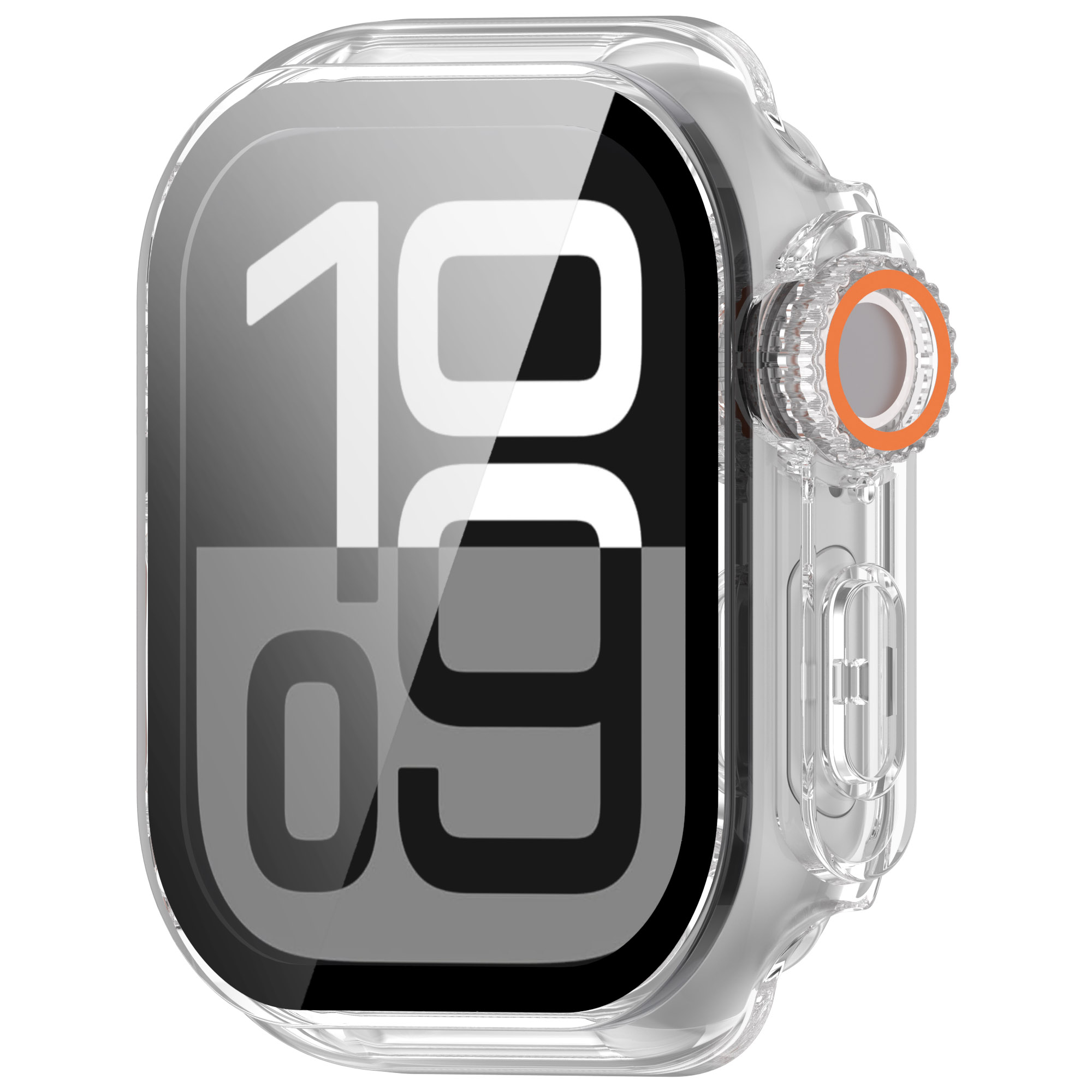 Quadrante di smartwatch che mostra le 10:09, con custodia protettiva trasparente, su sfondo bianco.