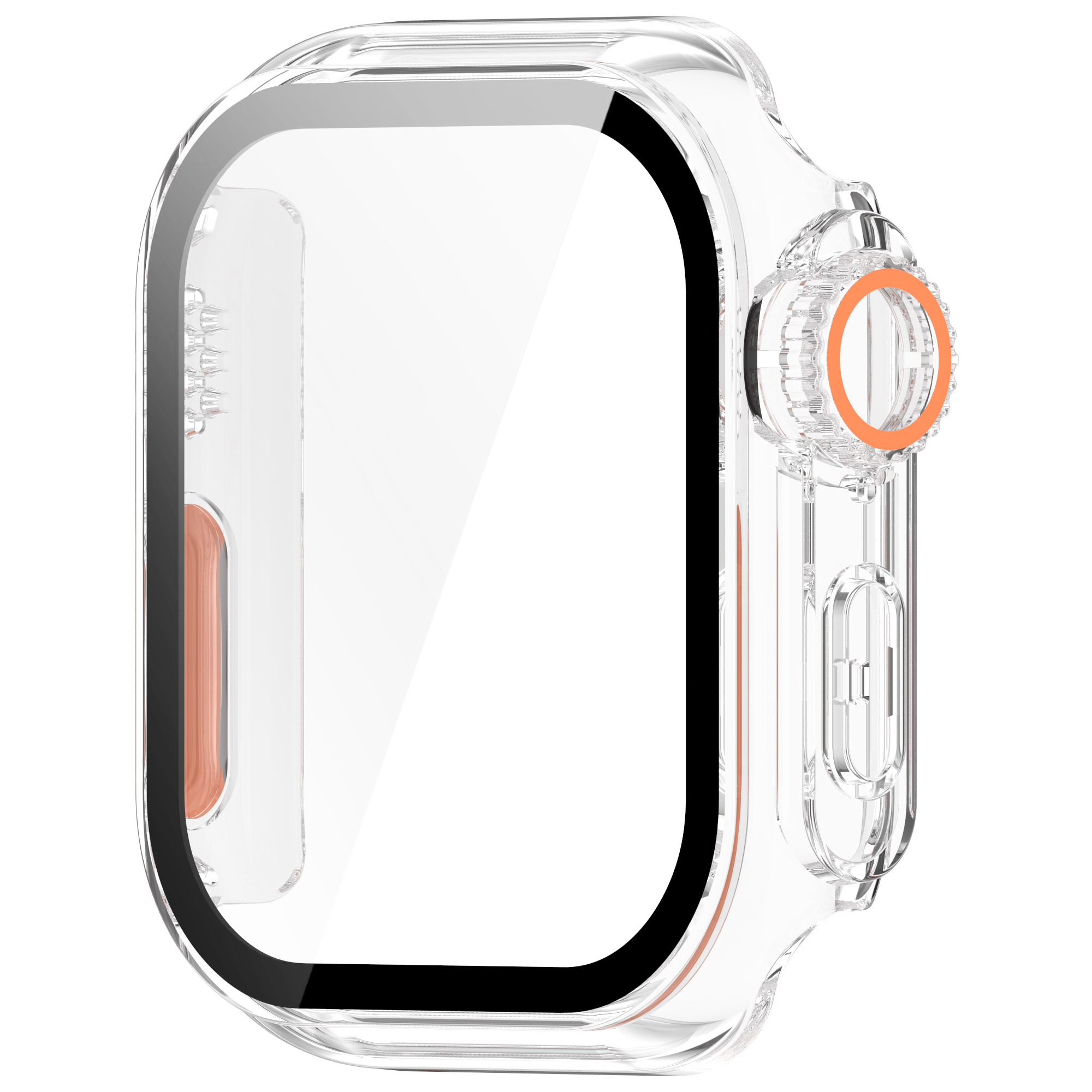 Una custodia protettiva trasparente con dettagli arancioni, per uno smartwatch, su sfondo bianco.