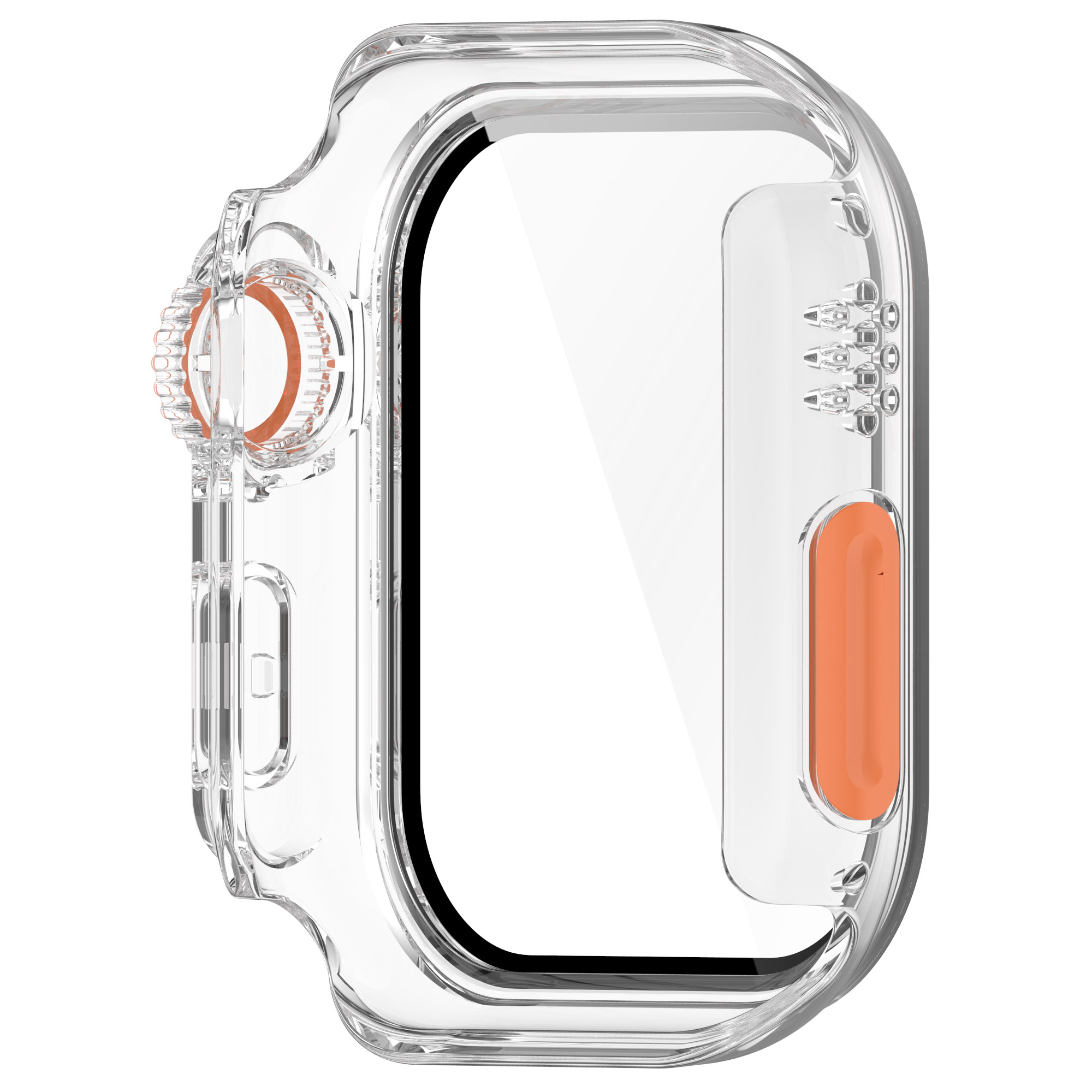 Una custodia per orologio trasparente con un pulsante di protezione arancione e un quadrante. Progettata per uno smartwatch.
