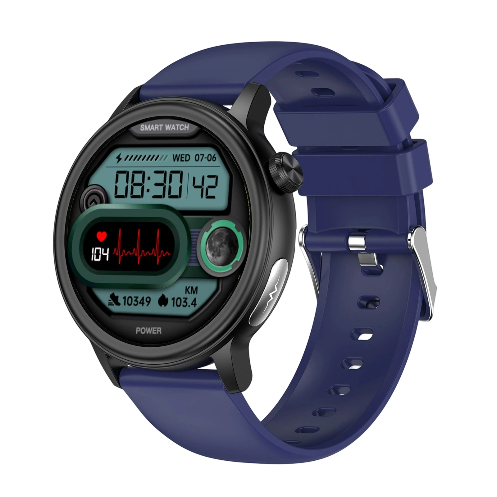Eine Smartwatch zeigt Gesundheitsmetriken an. Sie zeigt Herzfrequenz, Zeit, Schritte und ein kleines Mondsymbol. Das Band ist blau.