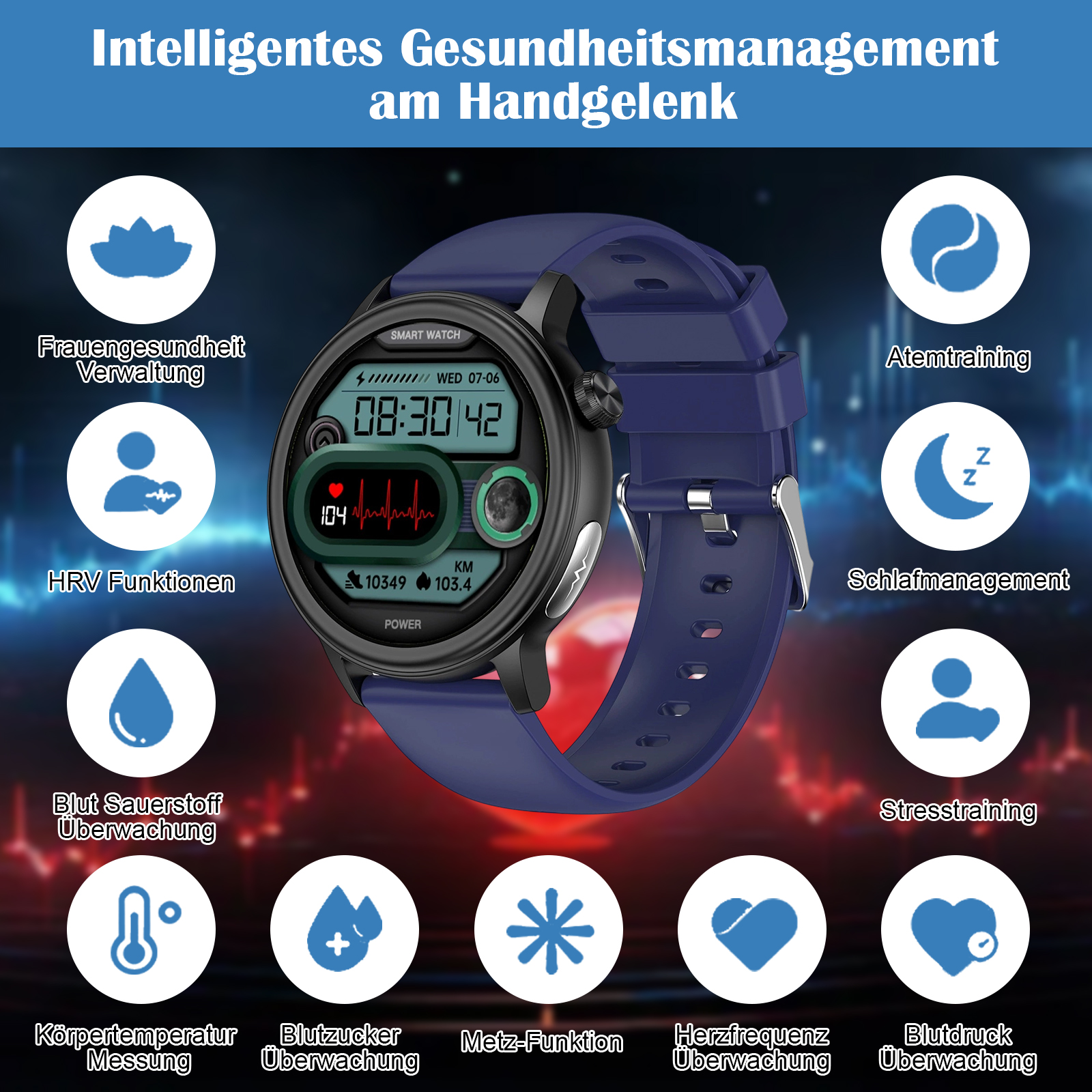 Eine Smartwatch zeigt Gesundheitsüberwachungssymbole: Herzfrequenz, Schritte, Blutsauerstoff und mehr, mit blauem Armband.